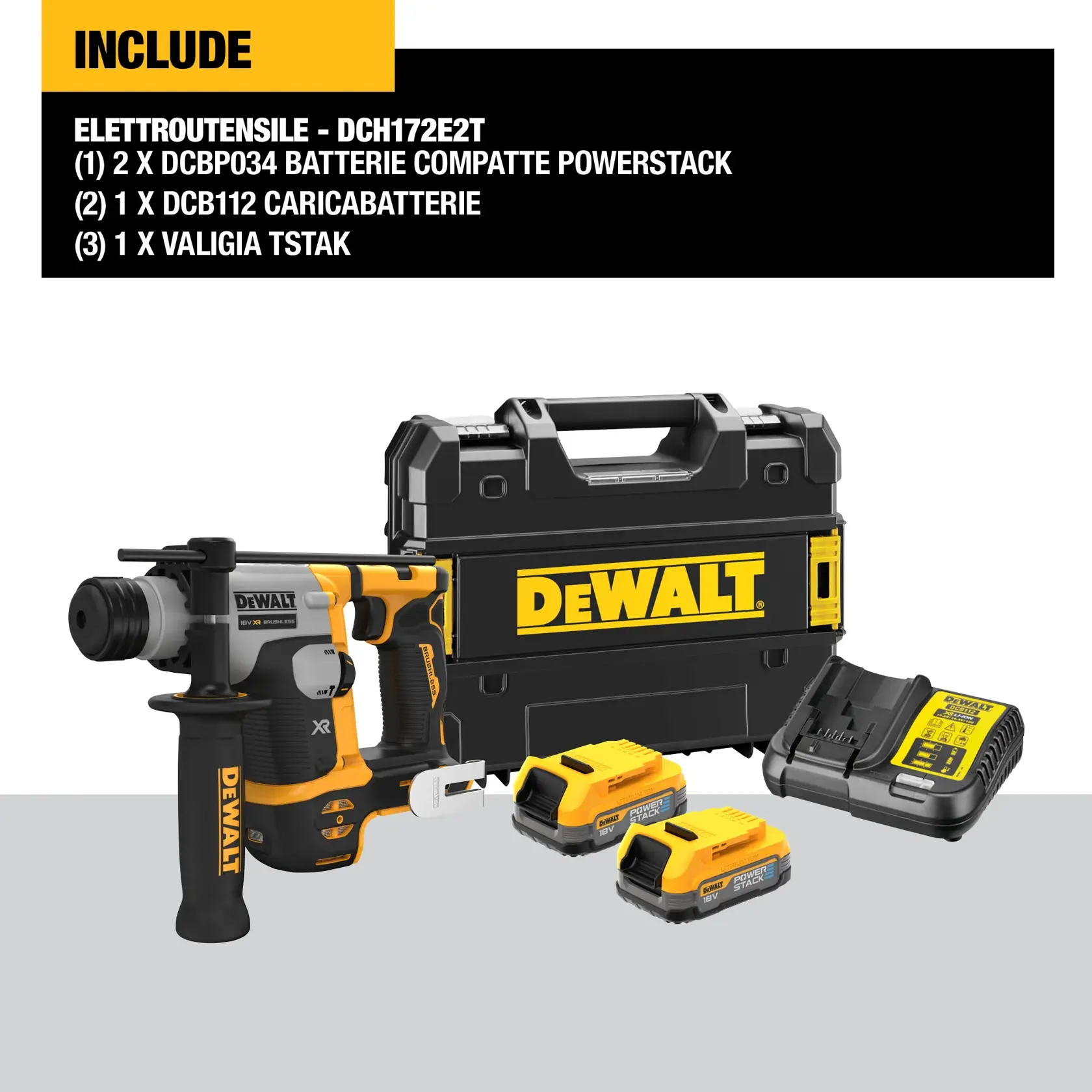 Set di elettro utensili DEWALT DCH172E2T composto da un martello rotativo giallo e nero, due batterie compatte Powerstack, un caricabatterie e una valigia rigida con logo DEWALT.