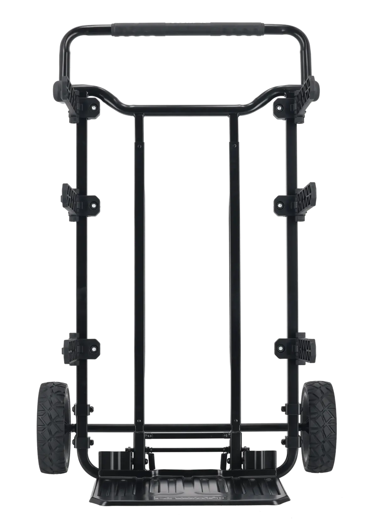 Un carrello DEWALT nero con due grandi ruote e una base piatta per trasportare oggetti, mostrato di fronte su uno sfondo bianco.