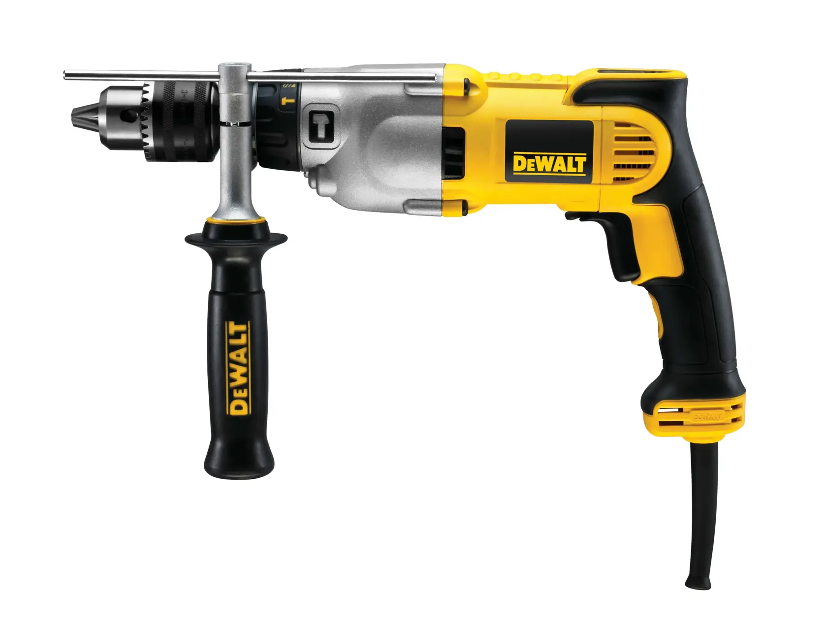 Eine DEWALT D21570K Elektrobohrmaschine mit Seitenhandgriff und gelb-schwarzem Design.