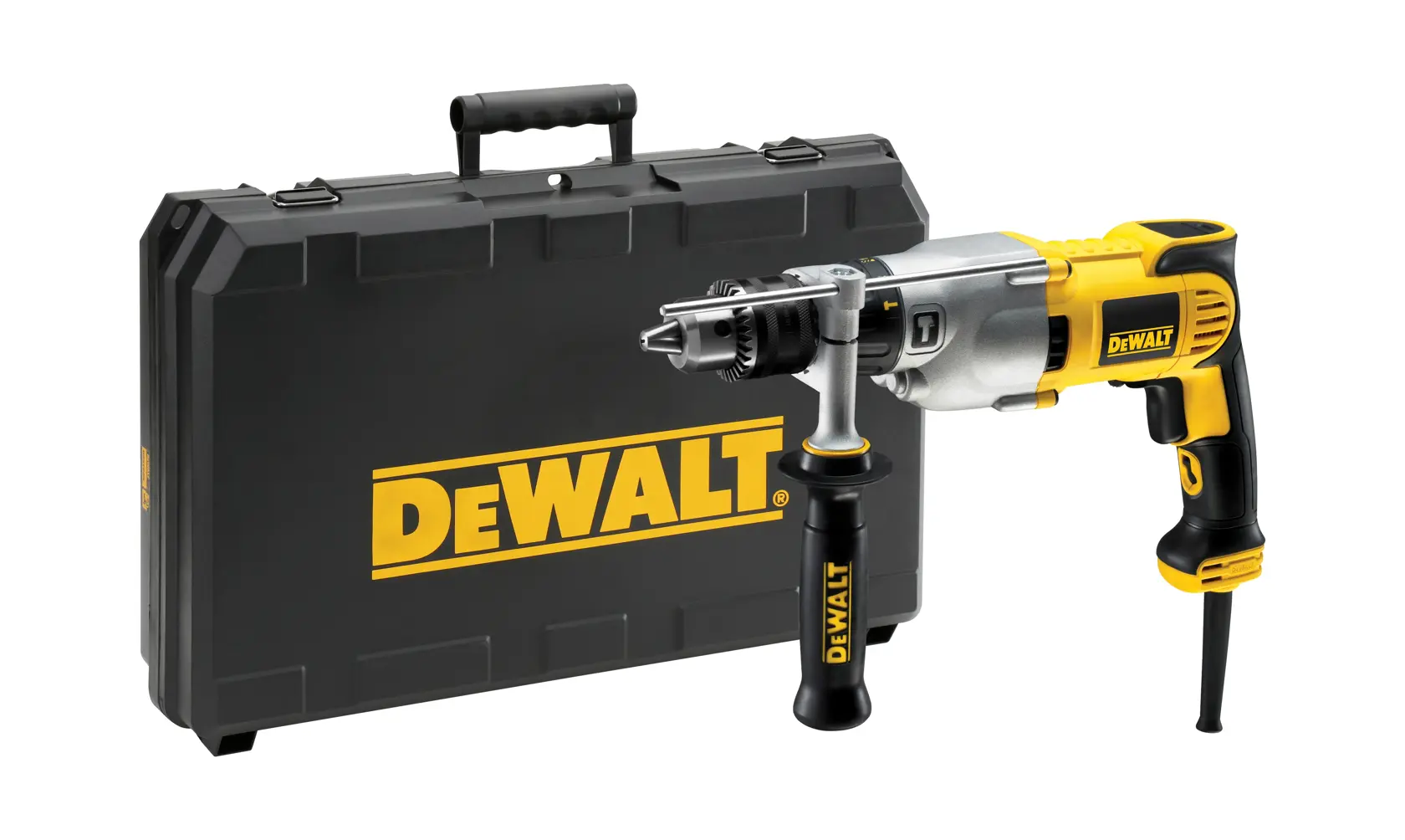 DEWALT kabelgebundene Bohrmaschine mit Seitengriff und schwarzem Koffer mit gelbem DEWALT-Logo.