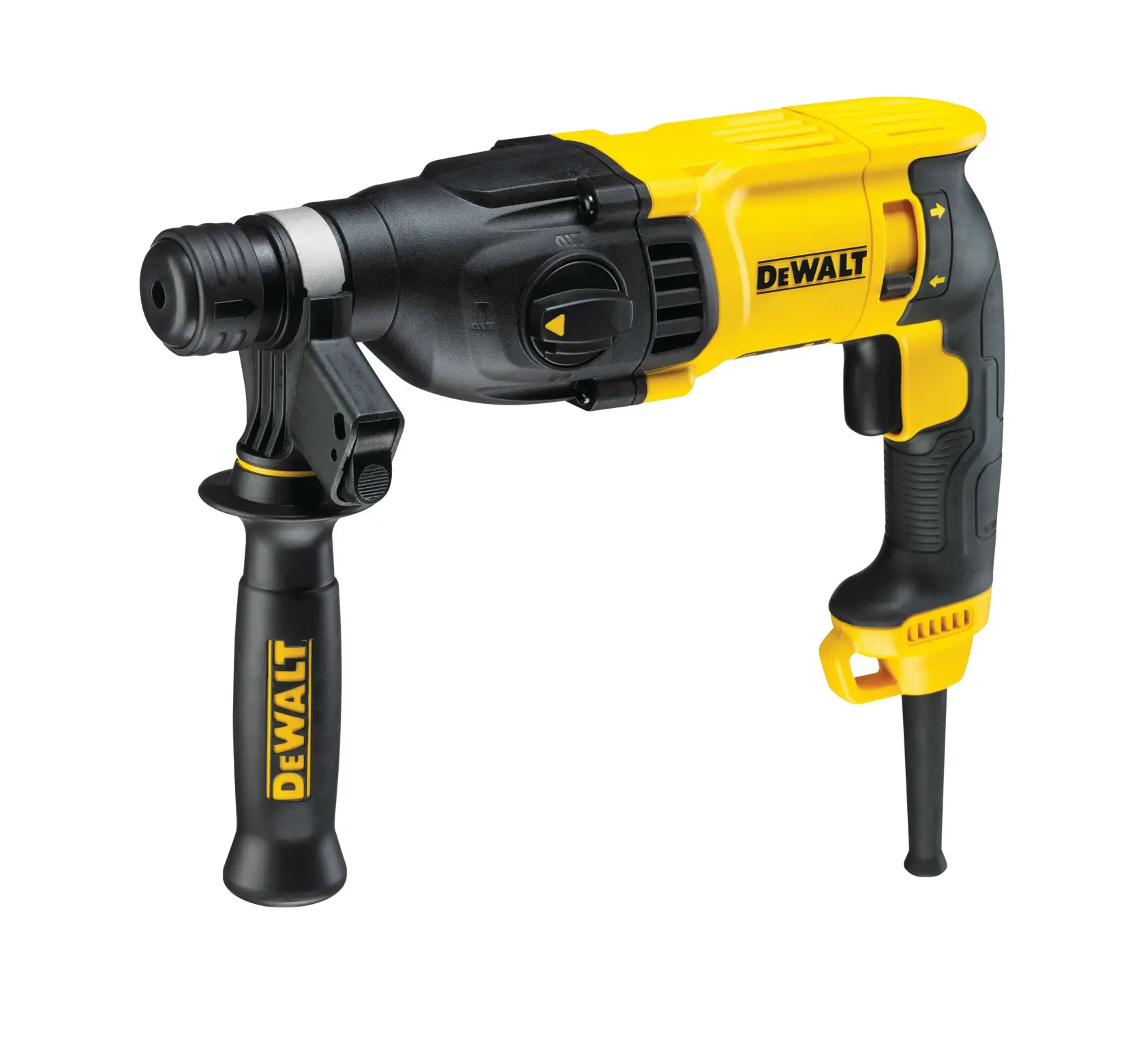 Ein gelber und schwarzer DEWALT kabelgebundener Schlagbohrhammer mit ergonomischem Griff und zusätzlichem Seitenhalter, auf weißem Hintergrund dargestellt.