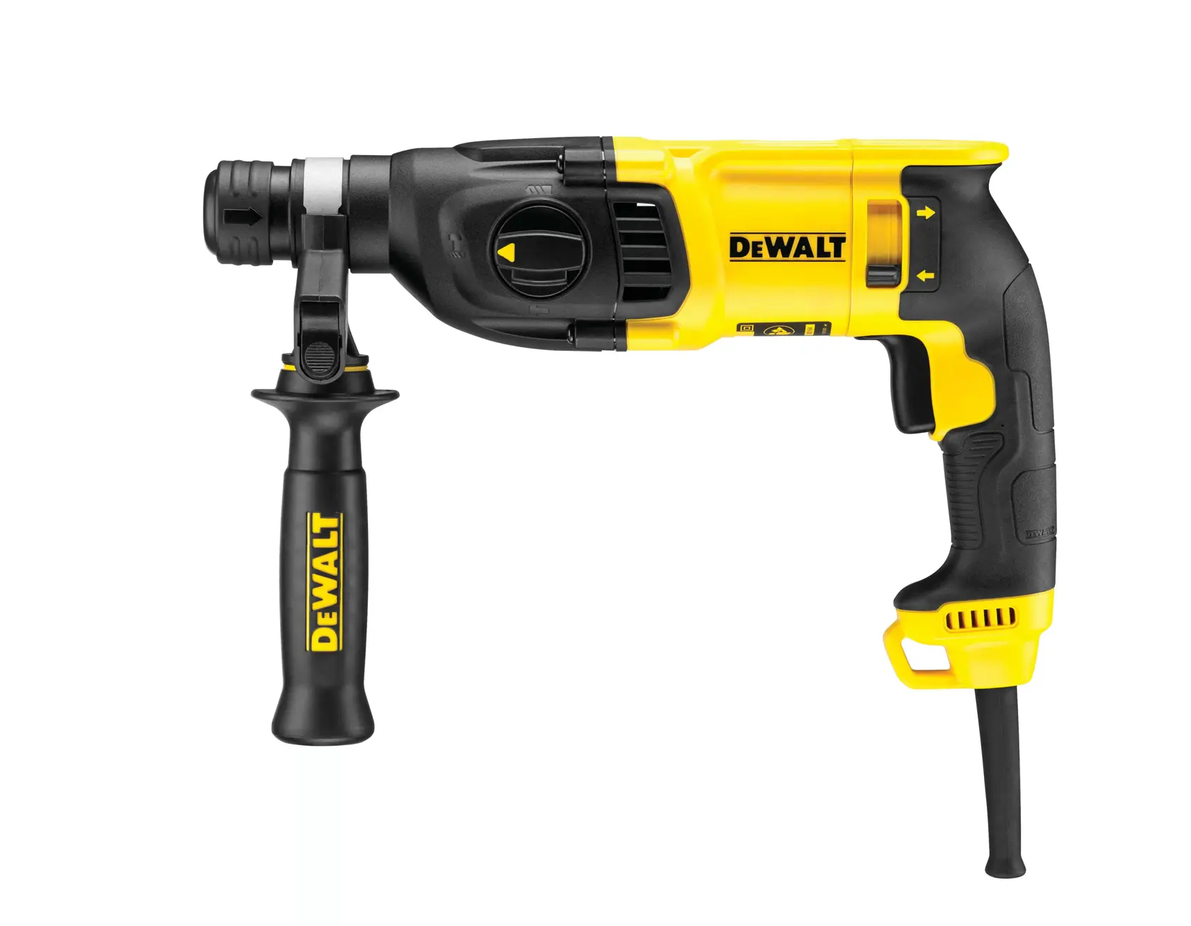 Ein kabelgebundener DEWALT-Bohrhammer mit Seitenhandgriff, in Gelb und Schwarz abgebildet.