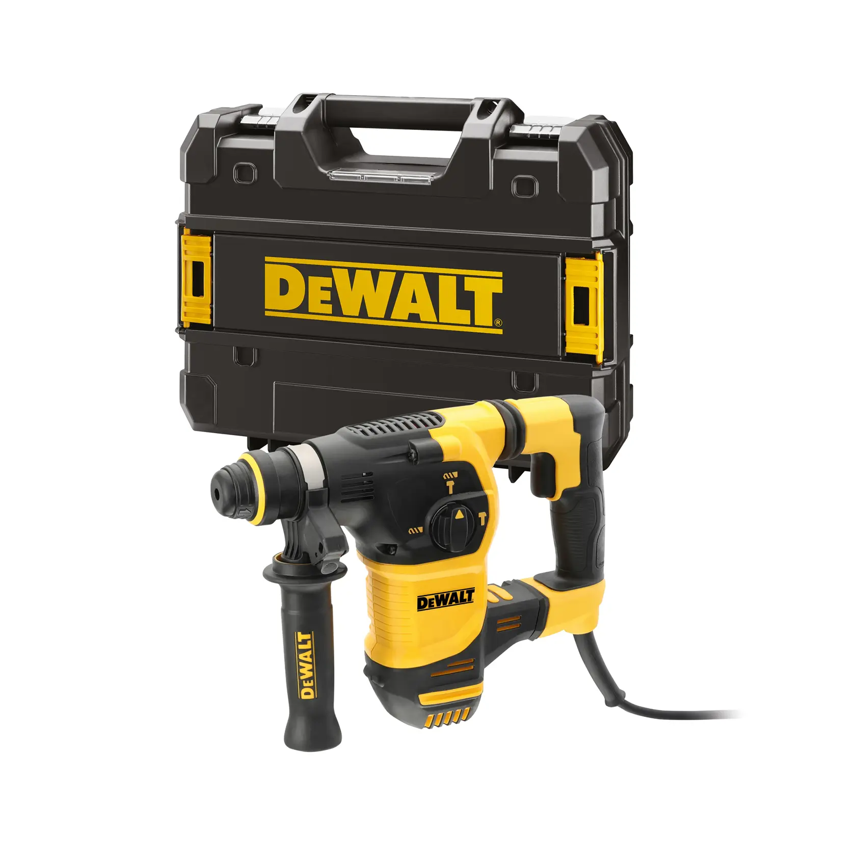 Martello rotativo DEWALT giallo e nero con manico laterale e cavo, modello D25333K.