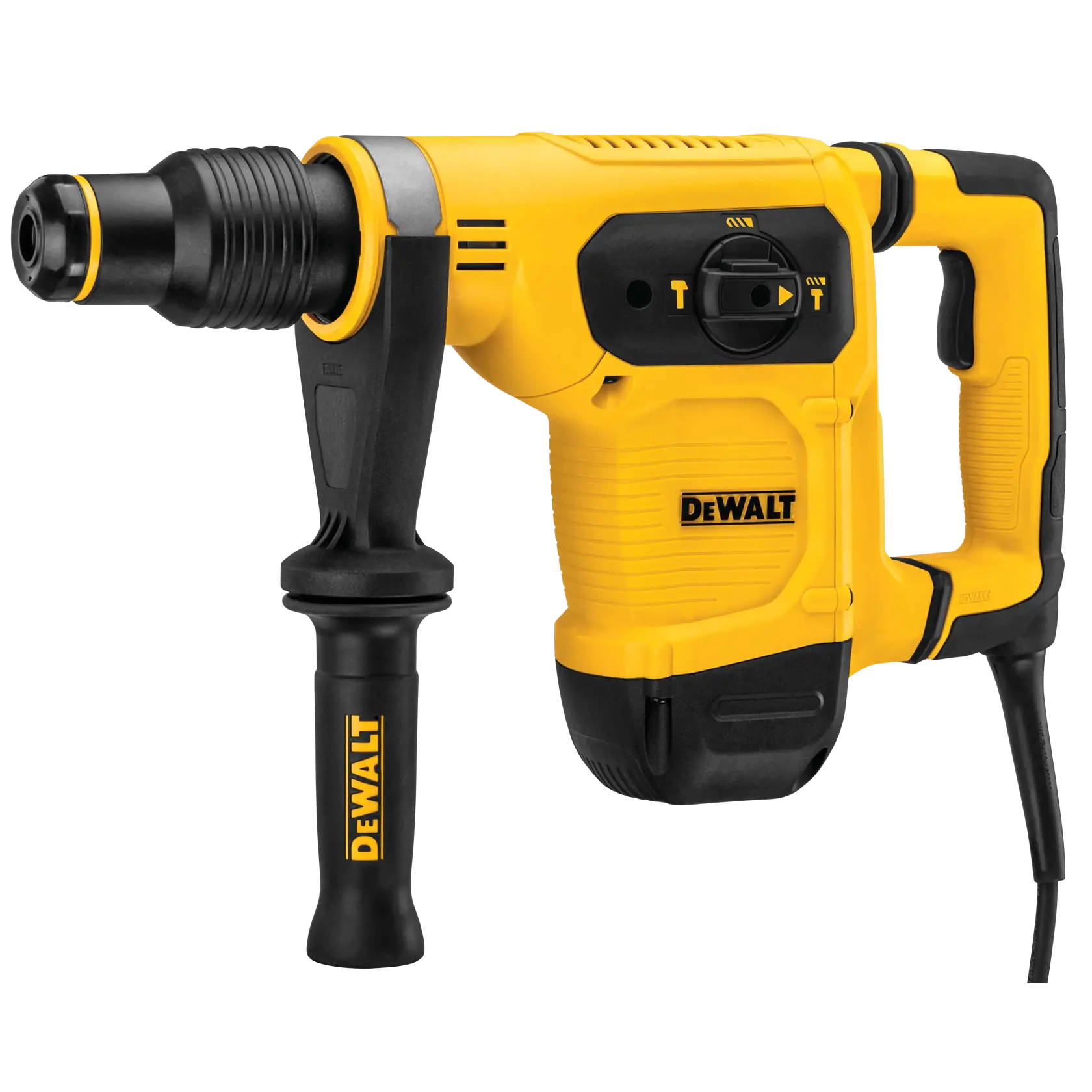 Martello rotativo giallo DEWALT con manico laterale e cavo, modello D25481K, per edilizia e fotografia.