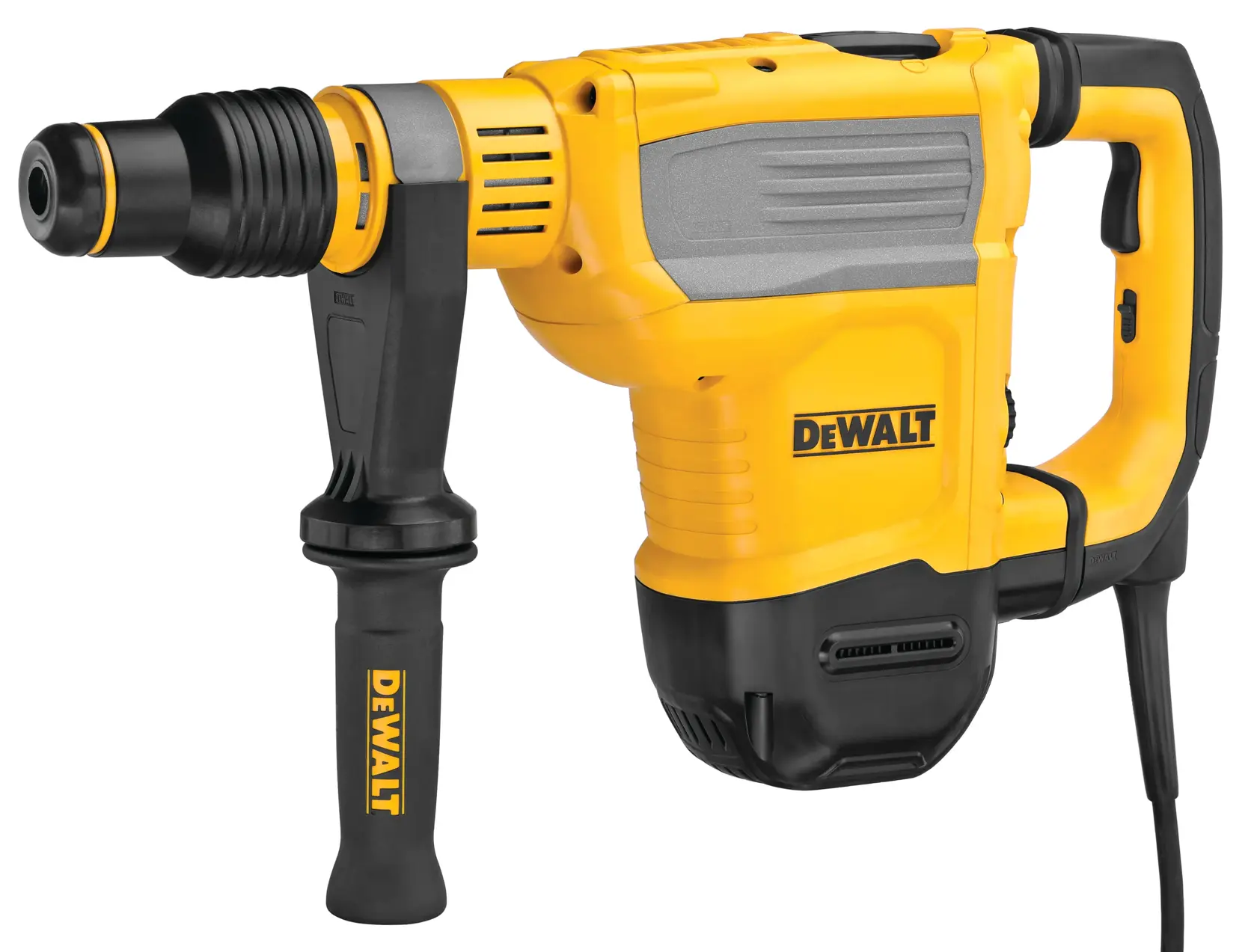 Gelber und schwarzer kabelgebundener DEWALT-Bohrhammer mit Seitenhandgriff, abgebildet vor weißem Hintergrund.