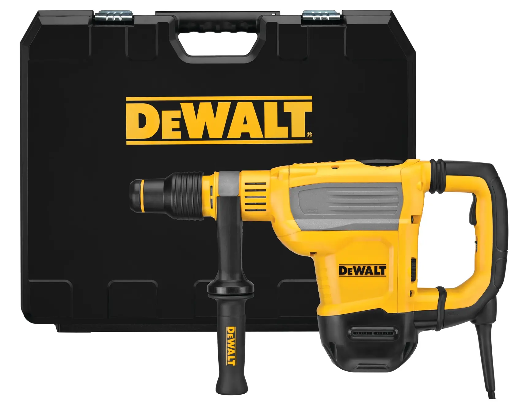 Ein gelb-schwarzer DEWALT-Bohrhammer mit schwarzem Griff steht vor einem passenden schwarzen DEWALT-Tragekoffer.