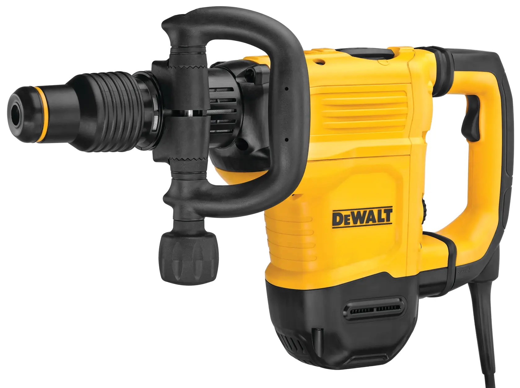 Ein gelbes und schwarzes Elektrowerkzeug von DEWALT, speziell ein schwerer Abbruchhammer mit Seitengriff und Abzuggriff, verwendet für Bauarbeiten und Betonabbruch.