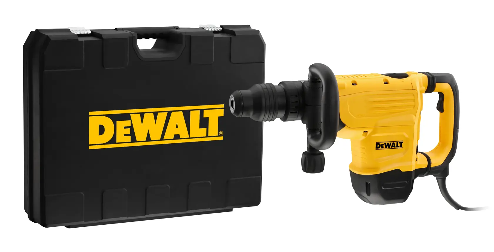 Un martello demolitore giallo e nero DEWALT accanto a una valigetta nera DEWALT.