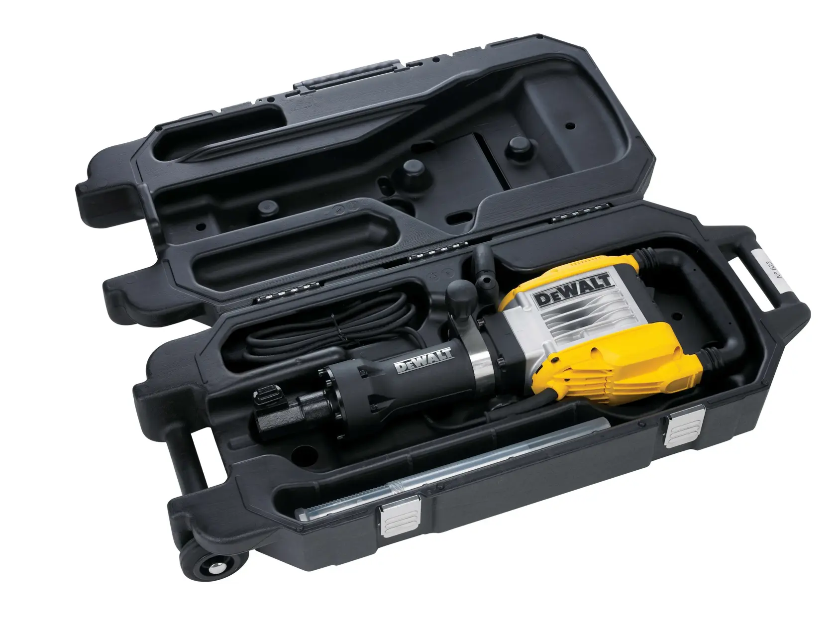 Marteau démolisseur DEWALT jaune dans une mallette noire ouverte, avec des compartiments de rangement.
