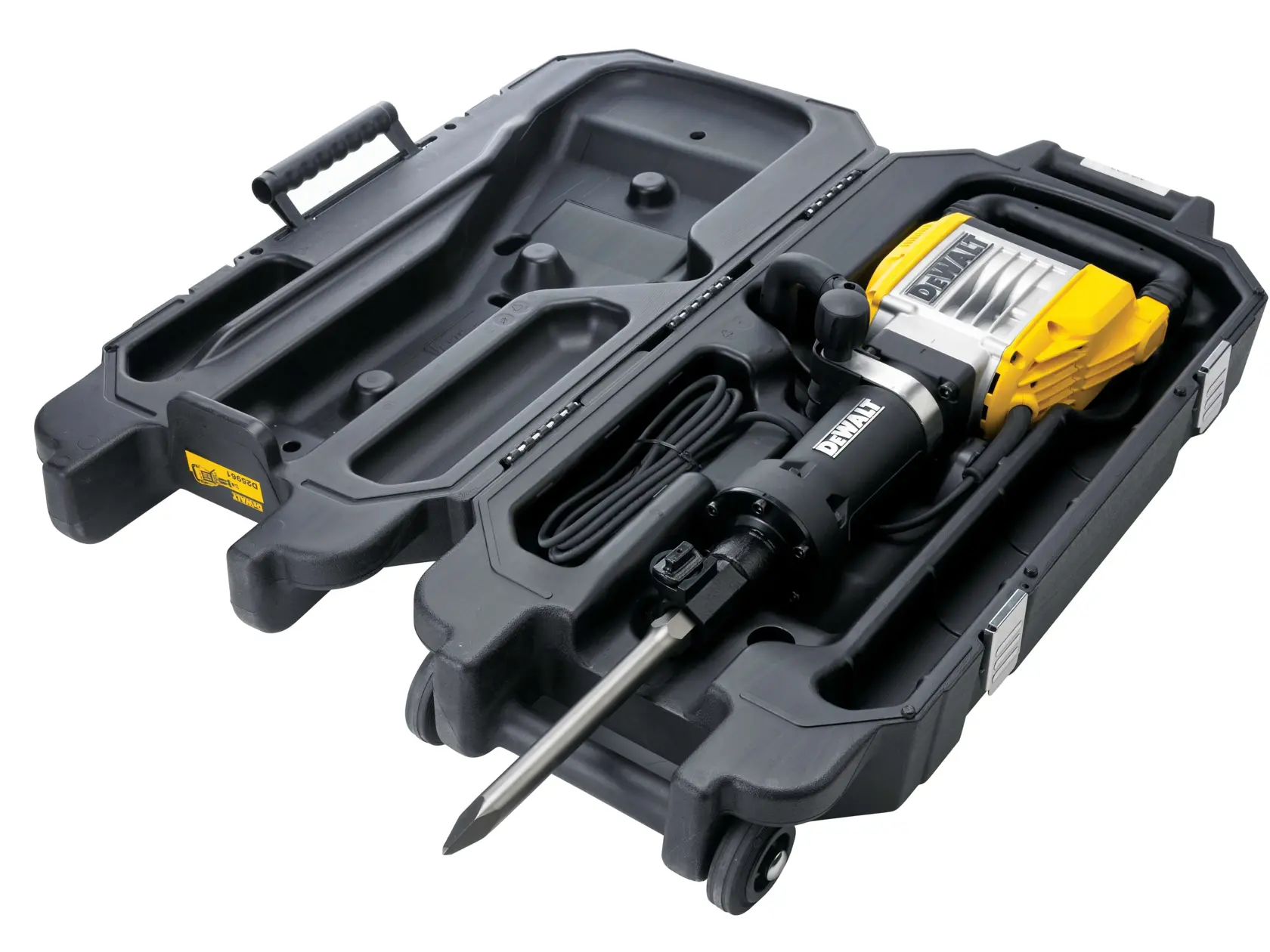 Marteau-piqueur DEWALT D25961K dans une mallette rigide en plastique avec roulettes et poignée.