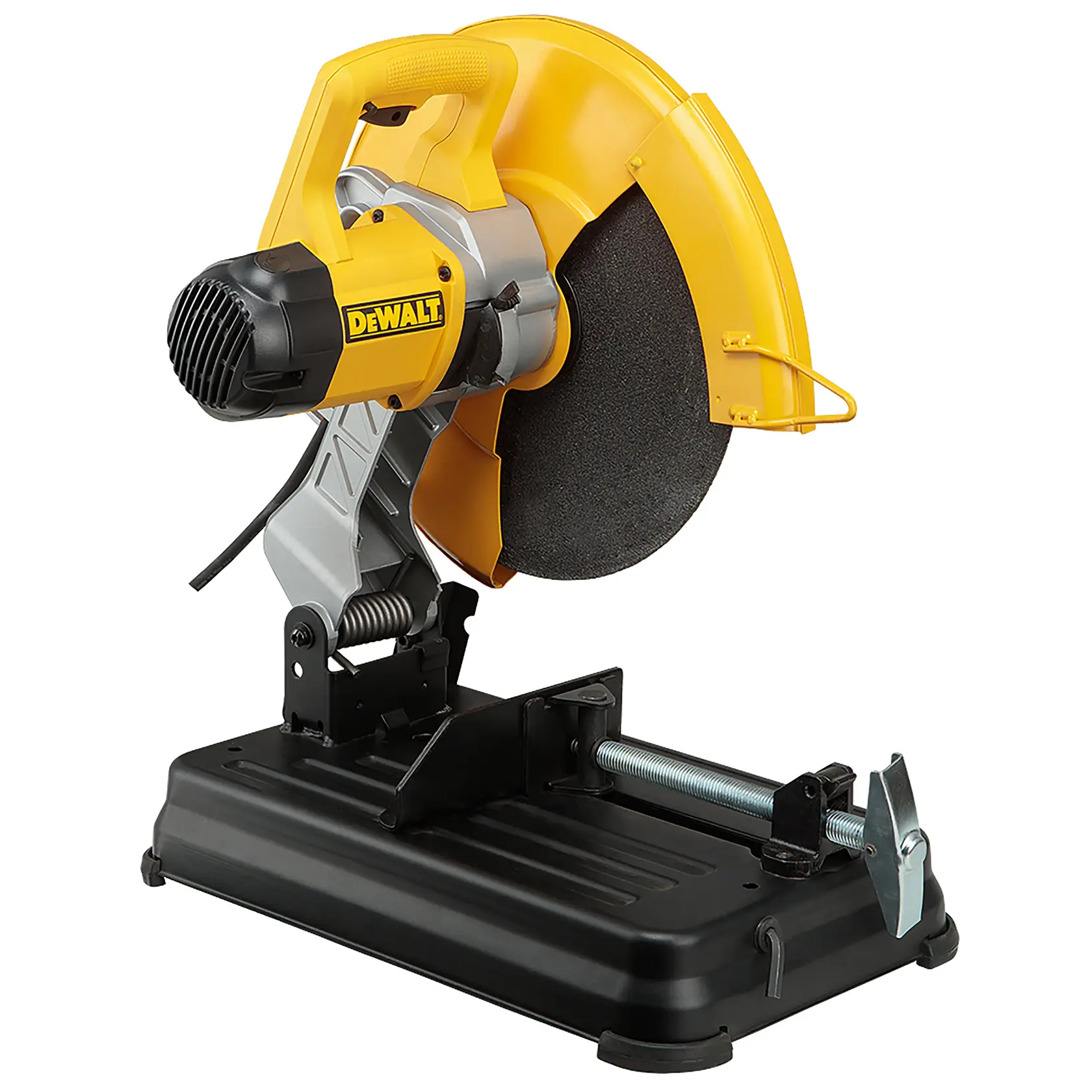 Una troncatrice portatile a marchio DEWALT con design giallo e nero, dotata di lama circolare, manico, protezione di sicurezza e base robusta per il taglio dei metalli.
