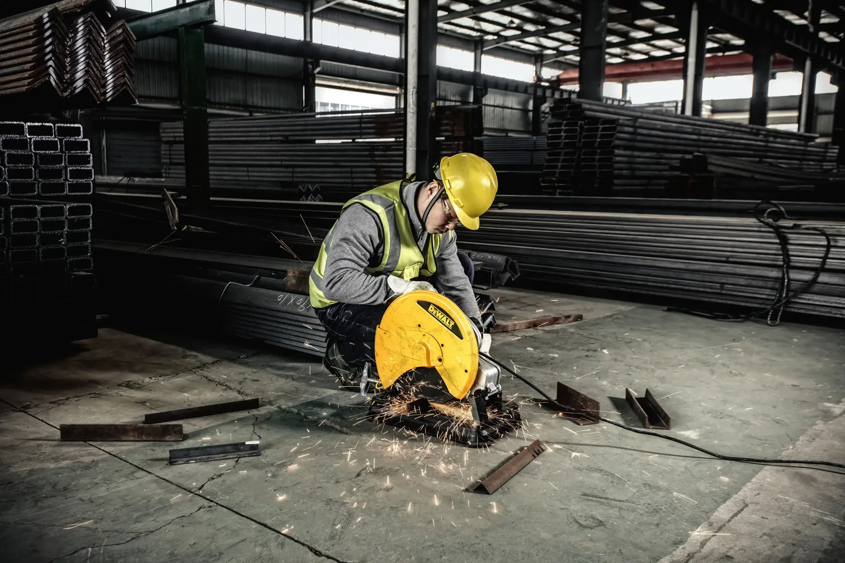 Un travailleur portant un gilet de sécurité et un casque utilise une scie à métaux DEWALT D28730-B2 pour couper des tuyaux en acier dans un entrepôt industriel. Des étincelles jaillissent de la zone de coupe et des tuyaux en acier ainsi que des matériaux métalliques empilés sont visibles en arrière-plan.
