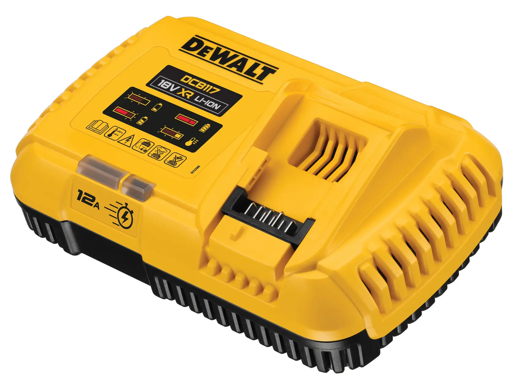 Un caricabatterie giallo DEWALT DCB117 per batterie 18V XR Li-Ion, con spie luminose e base nera.