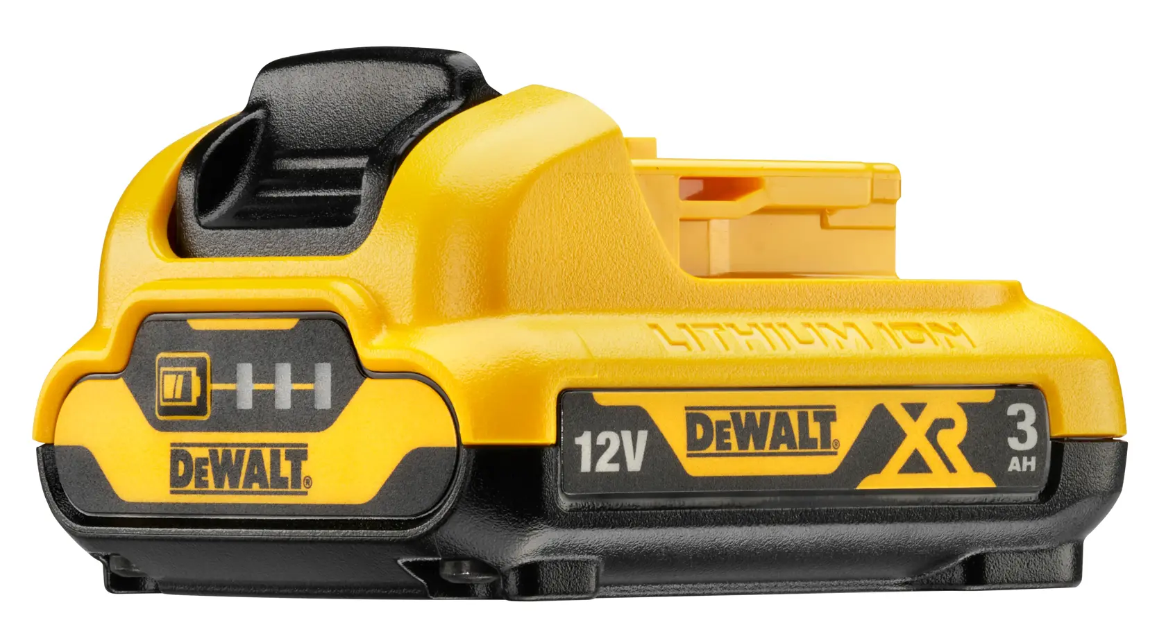 Une batterie lithium-ion DEWALT en gros plan, indiquée 12V MAX et 3Ah. La batterie est jaune et noire avec le logo DEWALT bien visible.