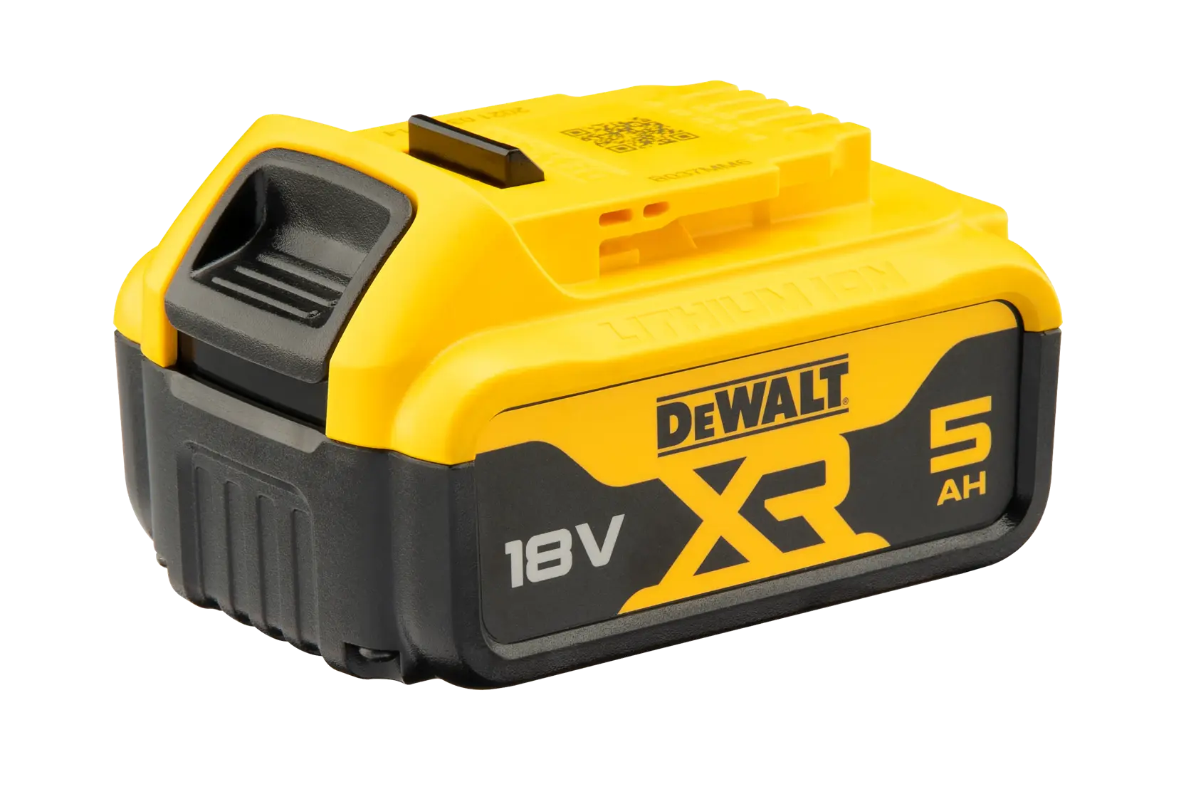 Batteria agli ioni di litio DEWALT XR 18V 5Ah per utensili elettrici, mostrata in giallo e nero.