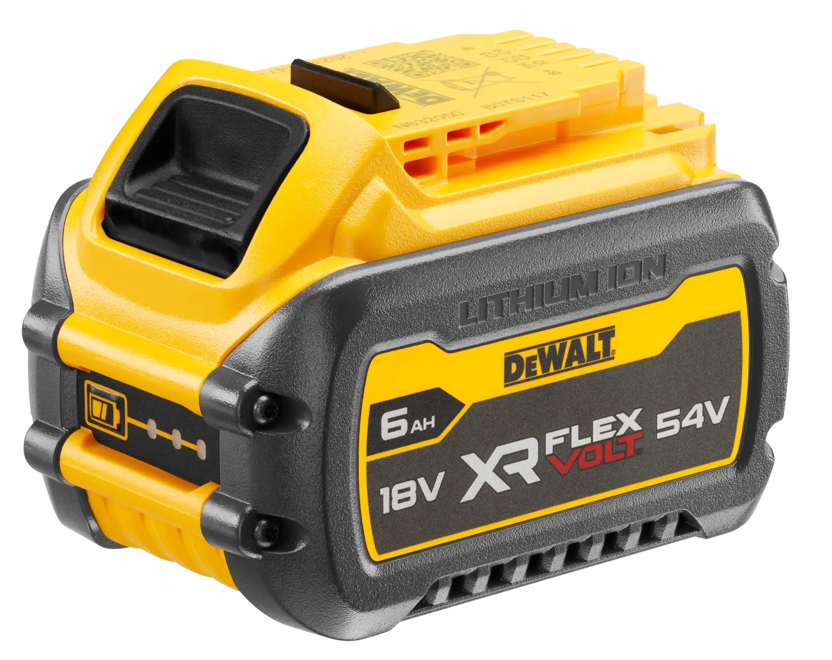 Batteria ricaricabile al litio DEWALT XR FLEXVOLT 18V/54V 6Ah, con involucro giallo e nero e marchio e specifiche del prodotto sul lato.