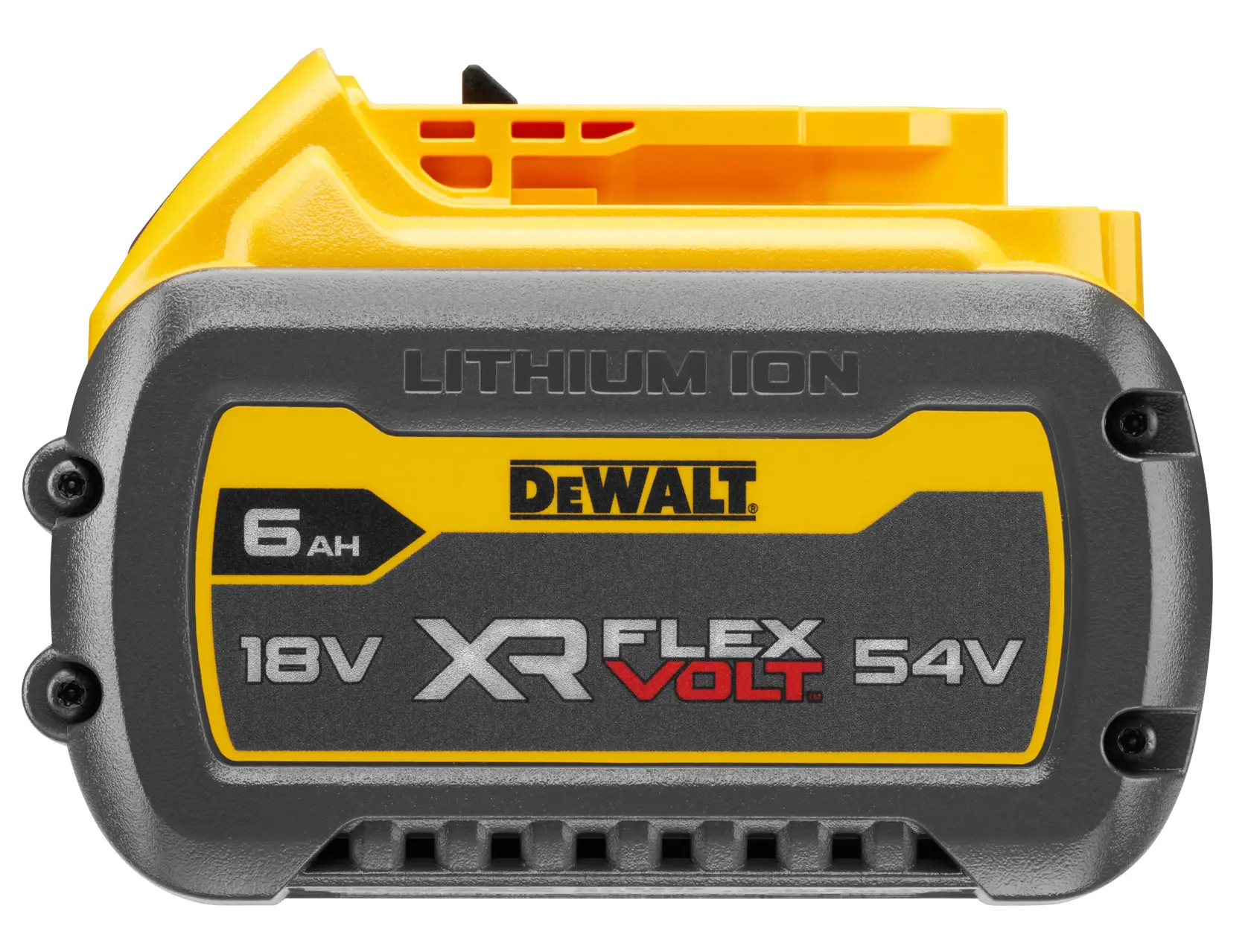 Vorderansicht eines wiederaufladbaren DEWALT XR FLEXVOLT Lithium-Ionen-Akkus mit der Aufschrift 6,0Ah, 18V und 54V.