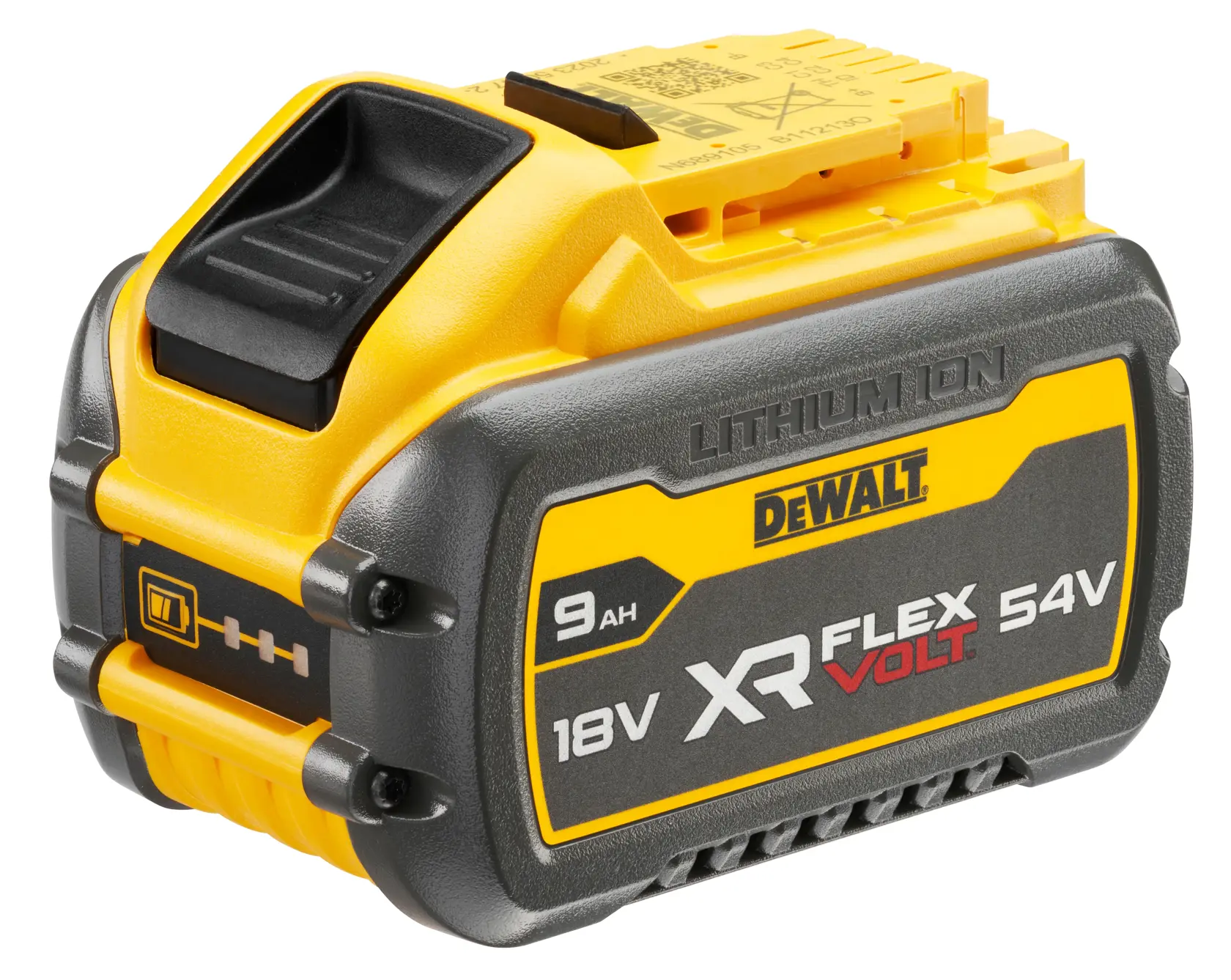 Una batería de ion de litio DEWALT XR FlexVolt 18V/54V, modelo DCB547, con capacidad de 9Ah. La batería es de color amarillo y negro y muestra las especificaciones técnicas y la marca en el lateral.