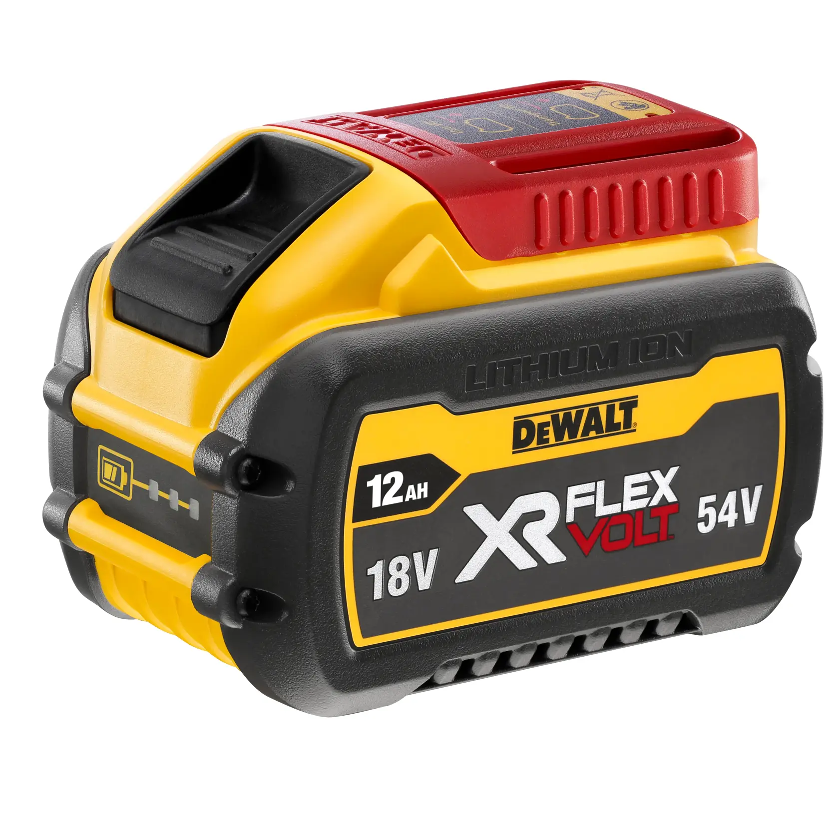 Batteria al litio DEWALT XR FLEXVOLT, modello DCB548, con capacità di 12Ah e potenza selezionabile di 18V o 54V, mostrata nei colori giallo, nero e rosso con etichetta del marchio.
