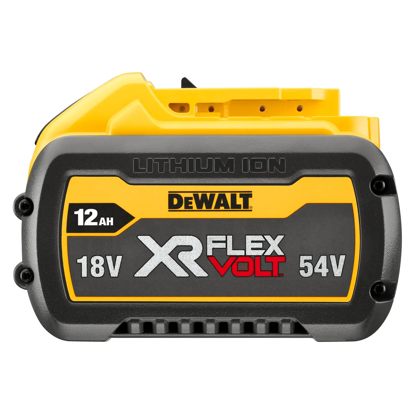 Vista frontale di una batteria al litio DEWALT XR FLEXVOLT, con capacità di 12 Ah e compatibilità con utensili da 18V e 54V.