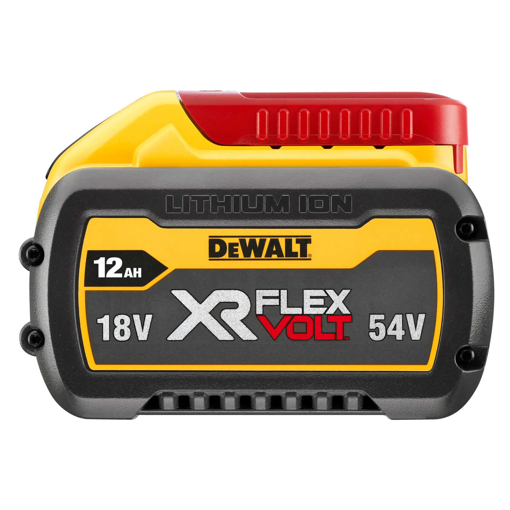 Un pacco batteria al litio DEWALT XR FlexVolt con design giallo e nero, che mostra le specifiche di 12Ah, 18V e 54V.