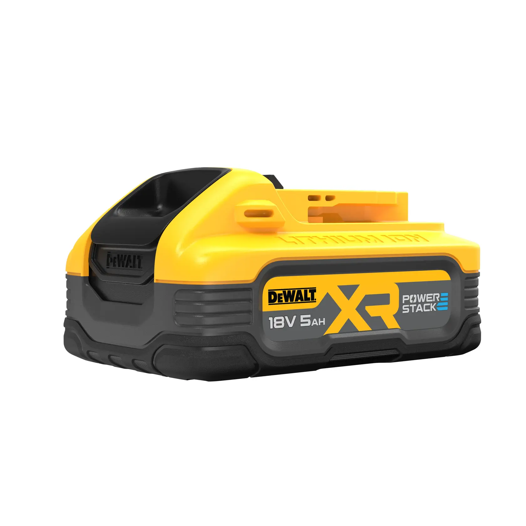 Batteria DEWALT 18V XR Powerstack, 5Ah, gialla e nera, mostrata su sfondo bianco.