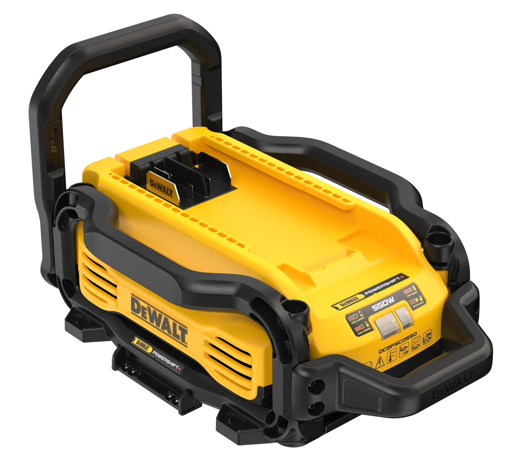 Una stazione di alimentazione portatile DEWALT, modello DCBPSC0550, con design giallo e nero, manico e slot per batterie. Il pannello frontale mostra il logo DEWALT, le etichette dei comandi e le specifiche.