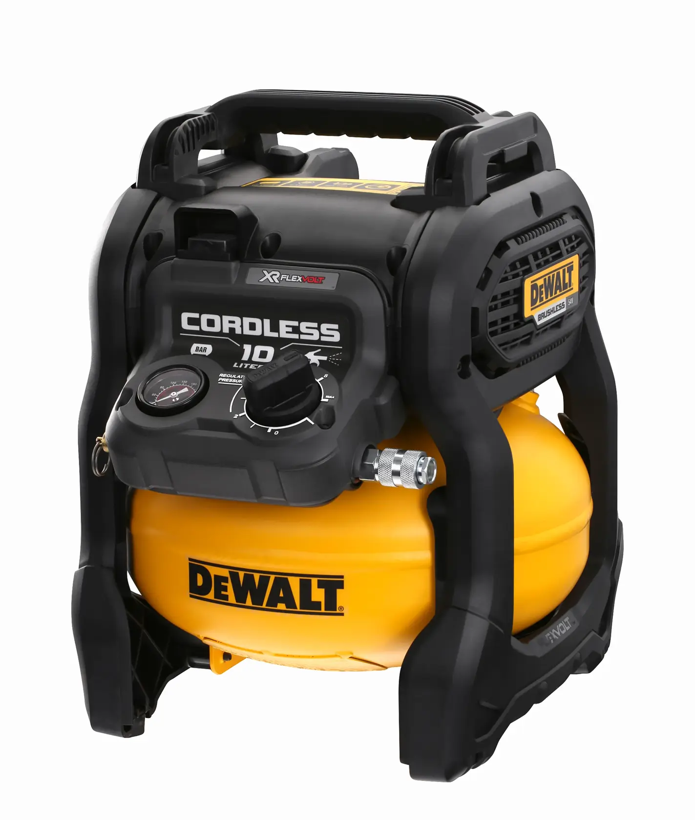 Un compresseur d'air sans fil DEWALT avec un réservoir jaune, une poignée noire et un panneau de commande comprenant un manomètre et un cadran. Le produit est compact et portable, conçu pour un transport facile.