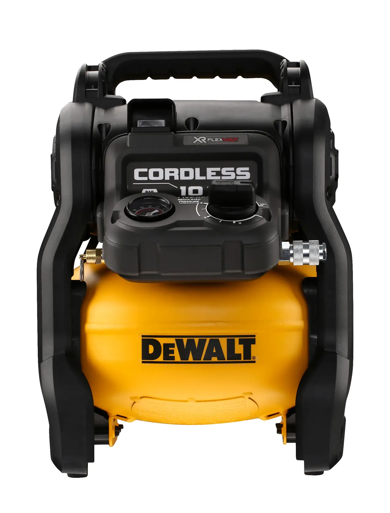 Vue de face d'un compresseur d'air portable sans fil DEWALT avec réservoir jaune, boîtier noir et poignée.