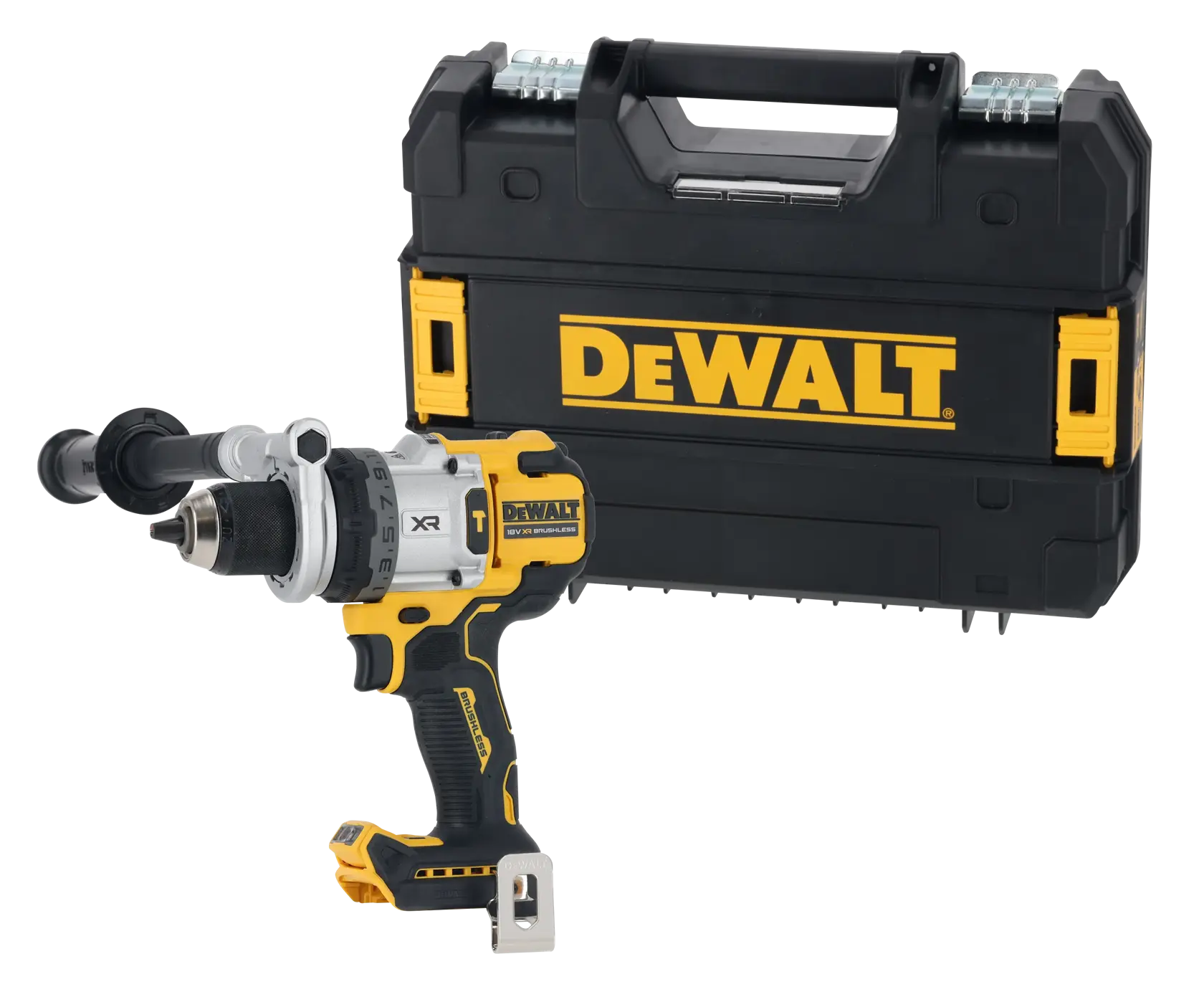 Un trapano a batteria DEWALT con manico laterale è posizionato davanti a una valigetta nera DEWALT con dettagli gialli.