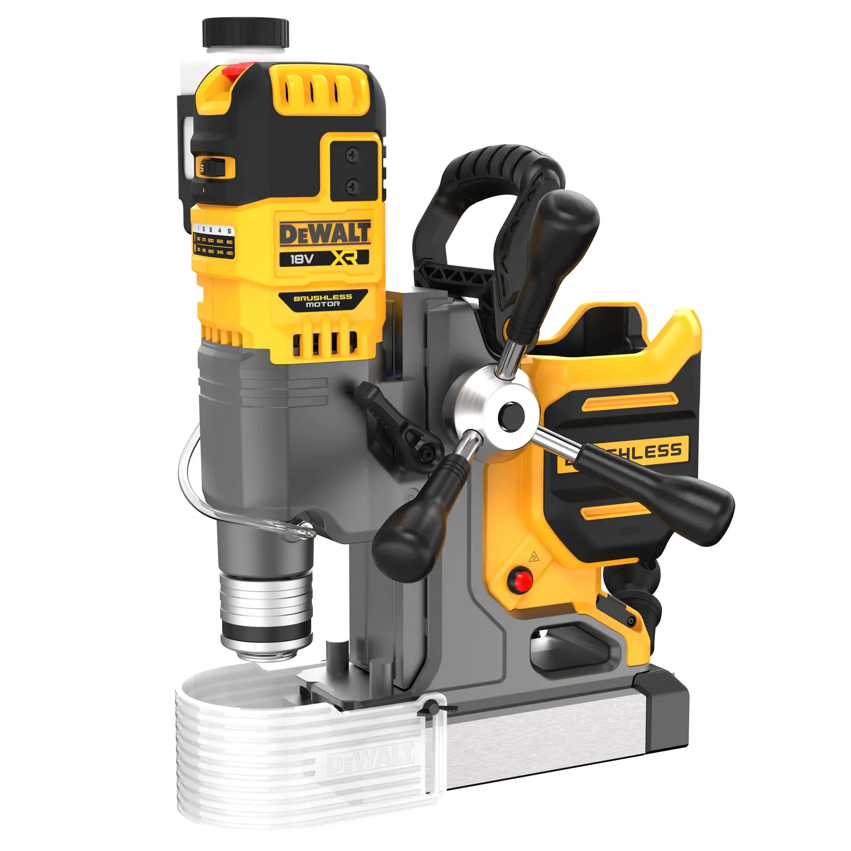 Taladro magnético DEWALT 18V inalámbrico con motor sin escobillas, amarillo y negro, fondo blanco.