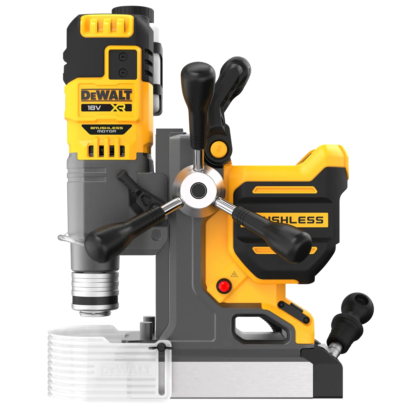 Taladro magnético sin escobillas DEWALT DCD1623N amarillo y negro, vista lateral, tres manijas.