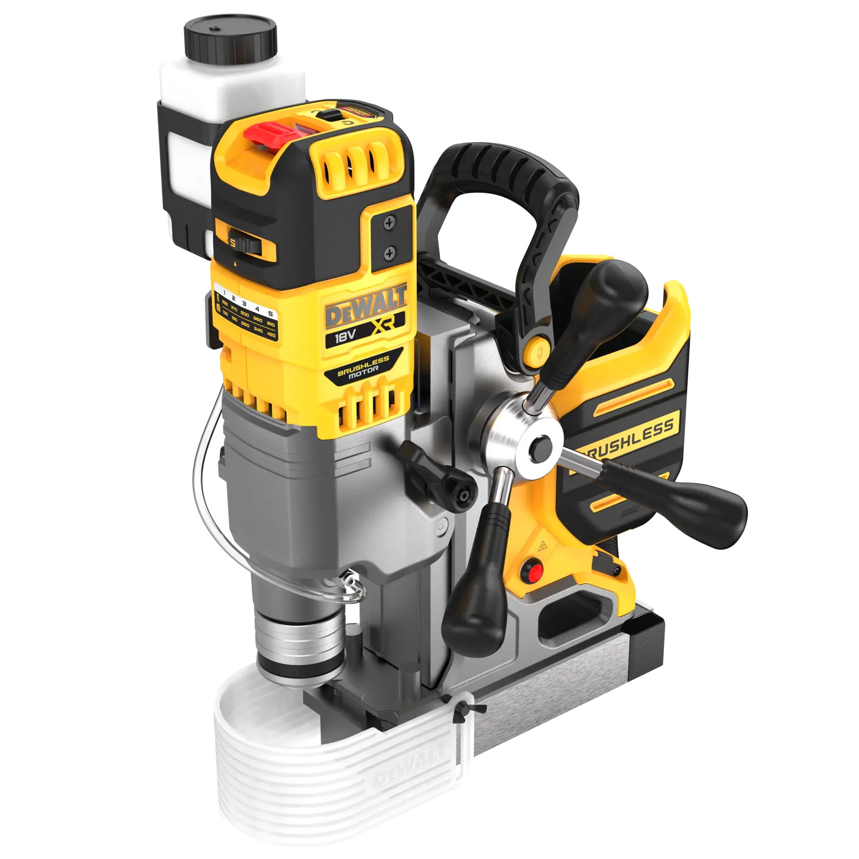 Taladro magnético DEWALT DCD1623N 18V sin escobillas con mango y botones sobre fondo blanco.