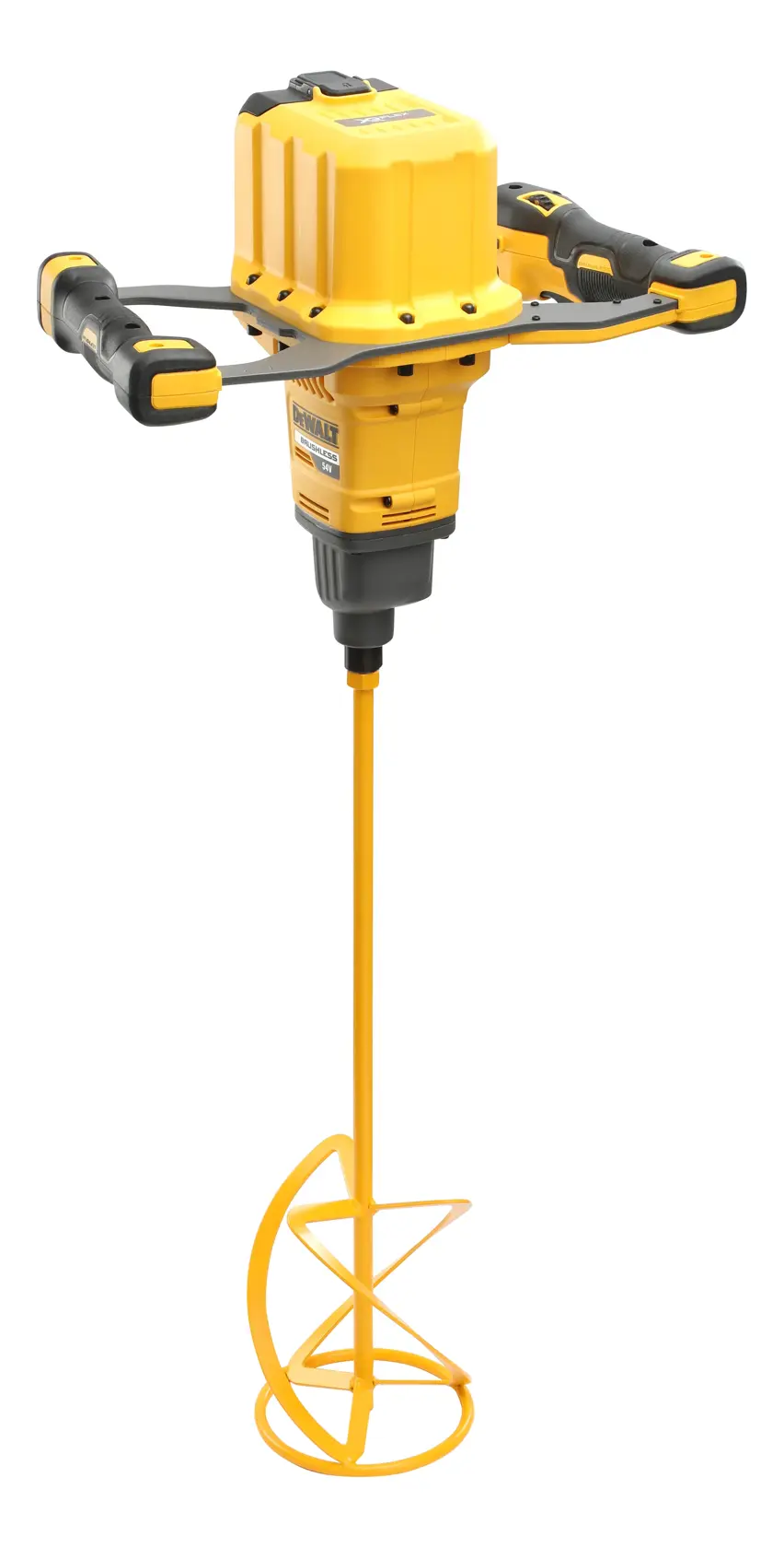 Miscelatore a doppia impugnatura DEWALT giallo con asta di miscelazione lunga su sfondo bianco.