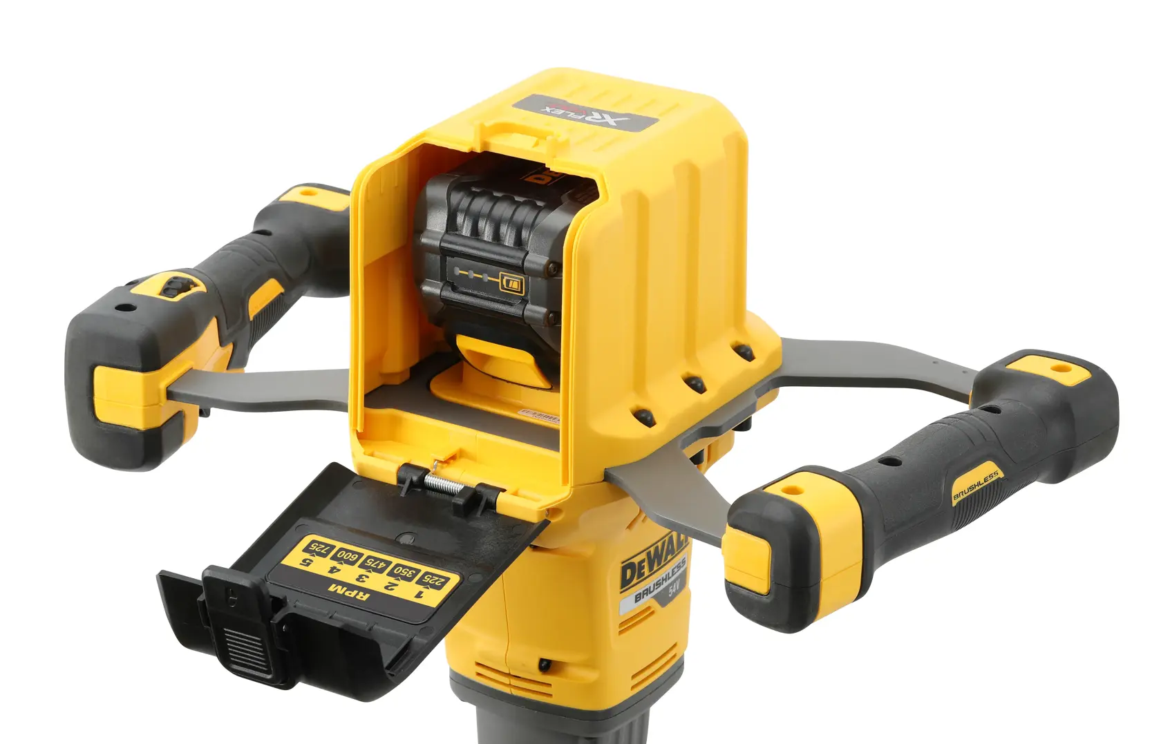 Herramienta mezcladora DEWALT DCD240X2 con dos asas y compartimento de batería abierto, vista de cerca.
