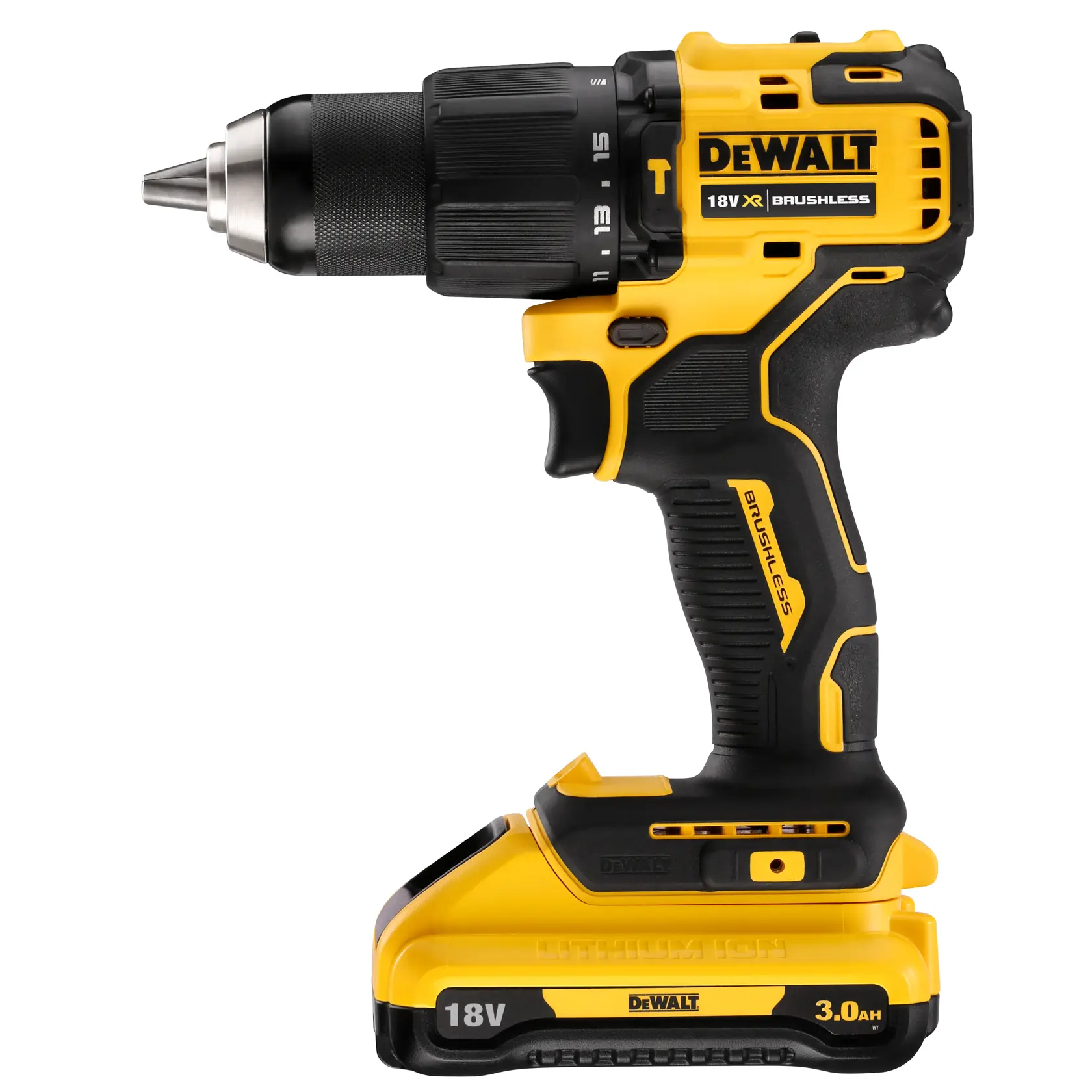 Perceuse sans fil DEWALT 18V à moteur brushless et batterie lithium-ion, vue de côté.