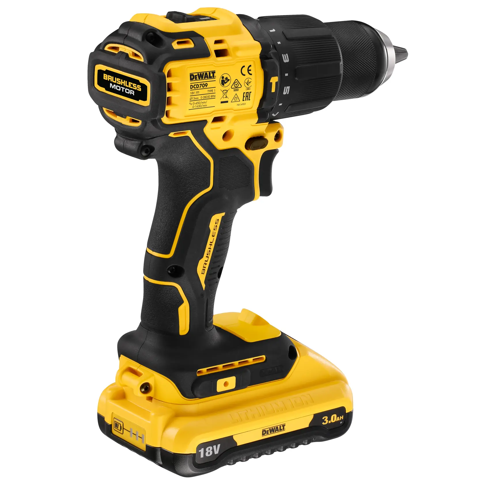 Perceuse sans fil DEWALT DCD709L2T 18V avec moteur sans balais et batterie lithium-ion, jaune et noire.