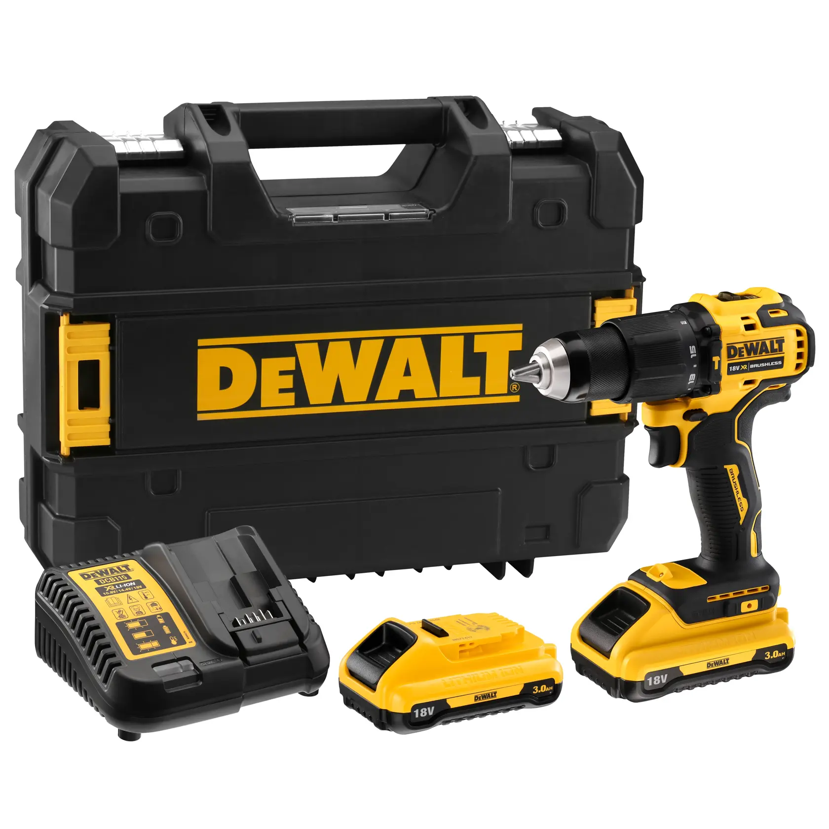 Un kit de perceuse sans fil DEWALT, comprenant une perceuse noire et jaune, deux batteries lithium-ion 18V, un chargeur de batterie et une mallette de transport robuste noire avec un grand logo jaune DEWALT.