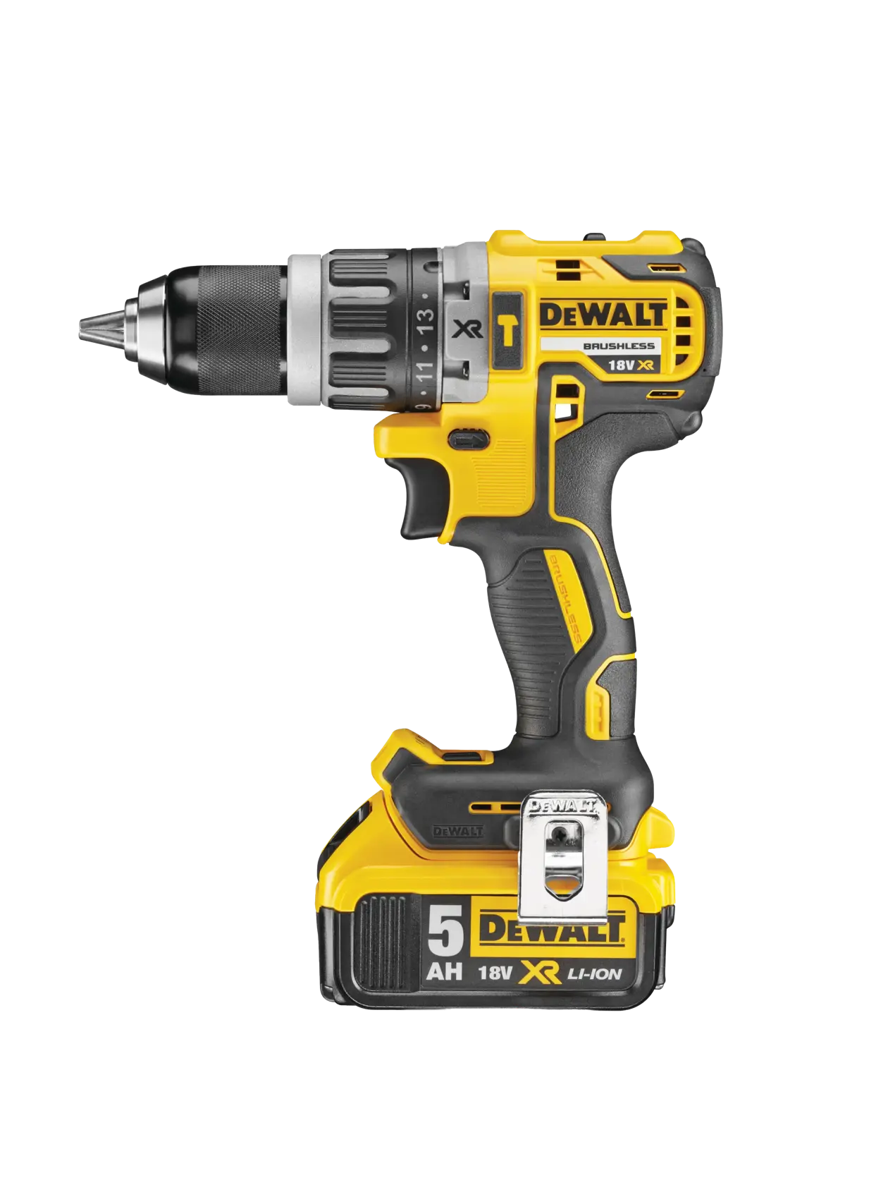 Un trapano a batteria Dewalt DCD796P2 XR 18V brushless, dal design giallo e nero, con una batteria agli ioni di litio da 5Ah montata nella parte inferiore.