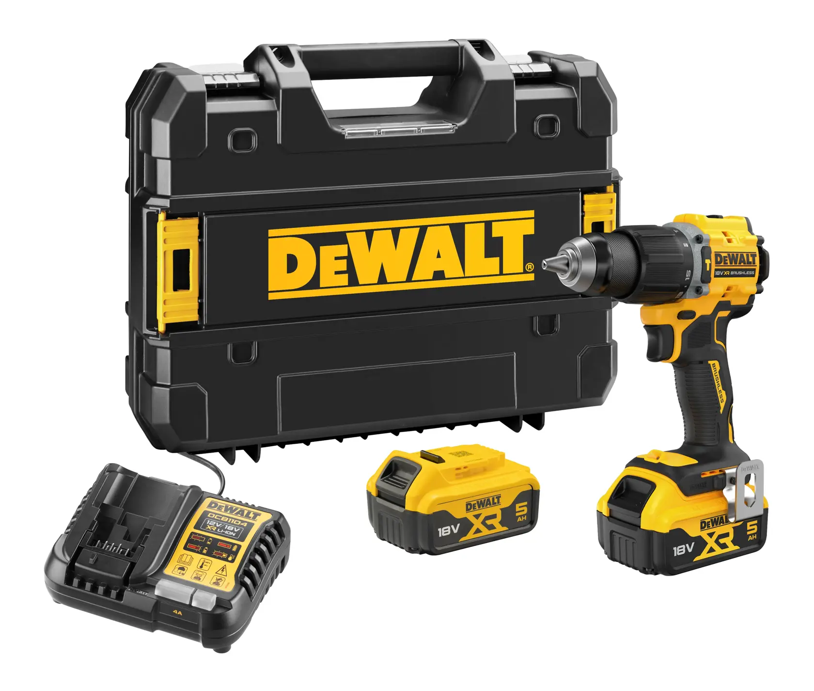 Set trapano DEWALT con valigetta rigida, caricabatterie e due batterie 18V.