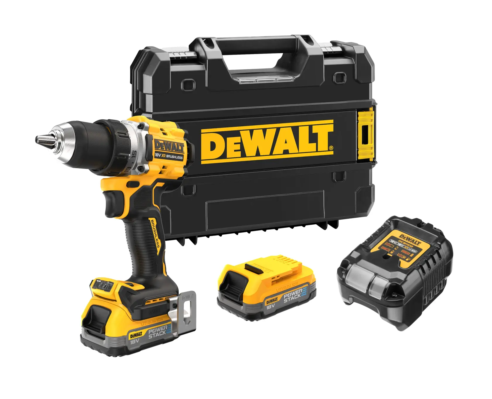 Kit trapano senza fili DEWALT con batteria, caricatore e valigetta nera su sfondo bianco.