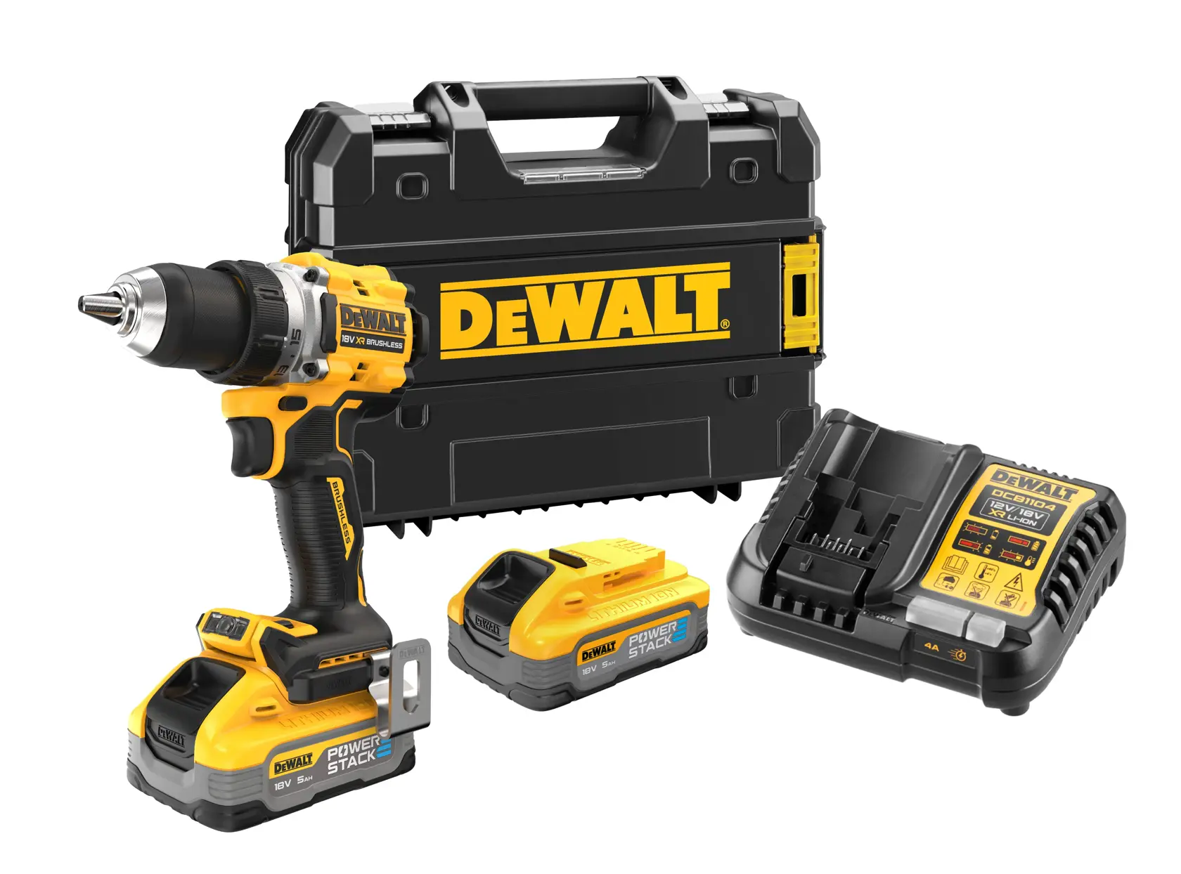 Trapano a batteria DEWALT con valigetta, caricabatterie e due batterie su sfondo bianco.