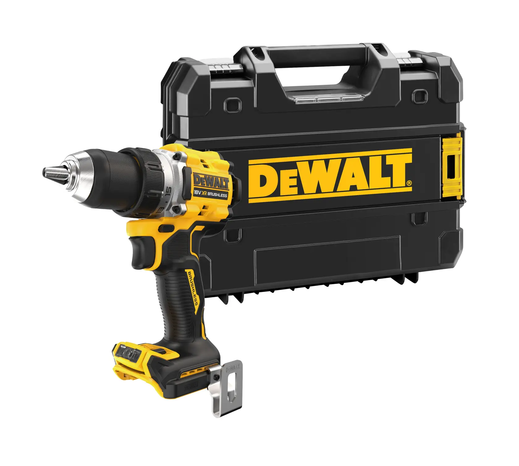 Trapano DEWALT senza fili con valigetta nera e gialla, entrambi col logo DEWALT.