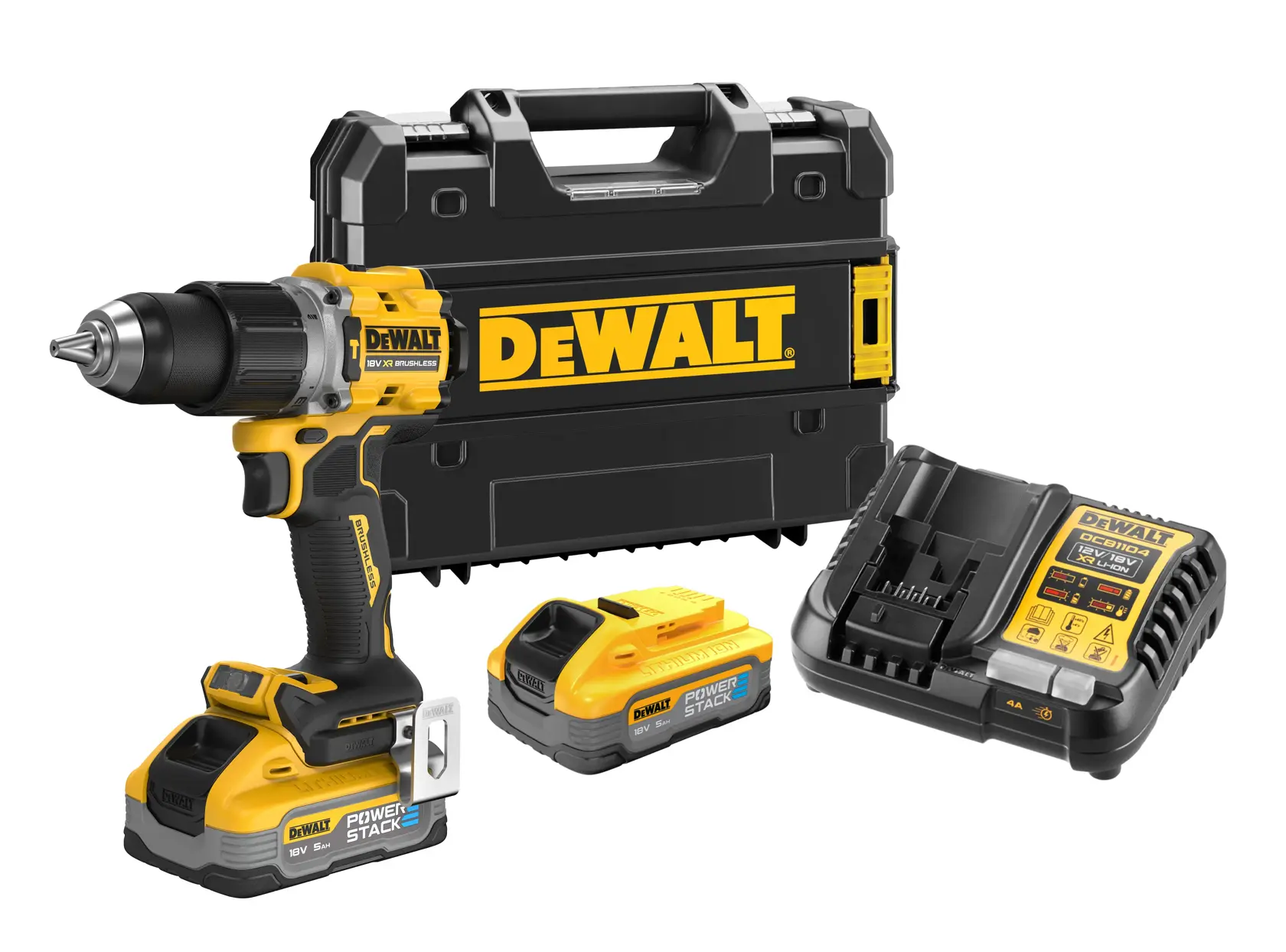 Logo DEWALT centrato su sfondo bianco.