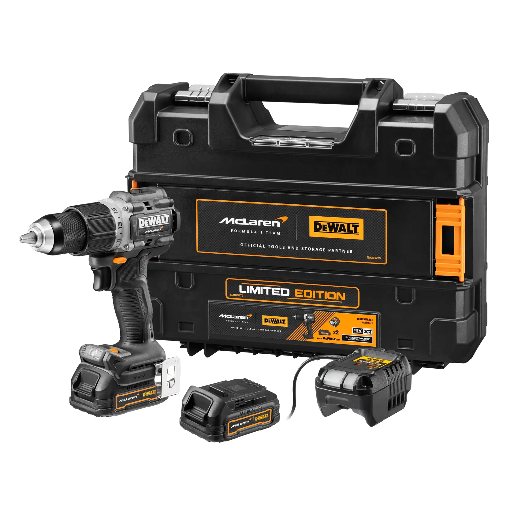 Set trapano avvitatore a batteria DEWALT edizione limitata con marchio McLaren, include trapano, due batterie, un caricabatterie e una valigetta rigida.