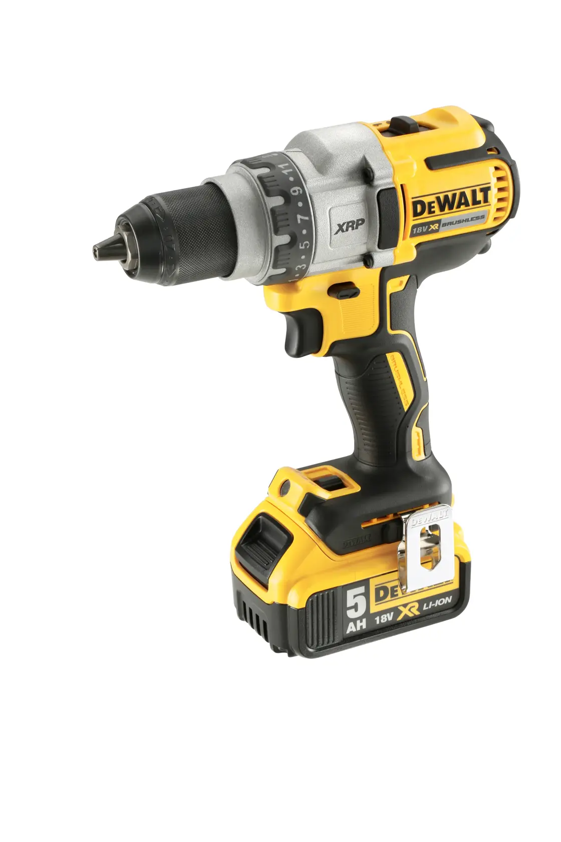 Trapano avvitatore a batteria DEWALT, modello DCD991P2, con corpo giallo e nero e batteria 18V XR Li-Ion 5Ah inclusa.