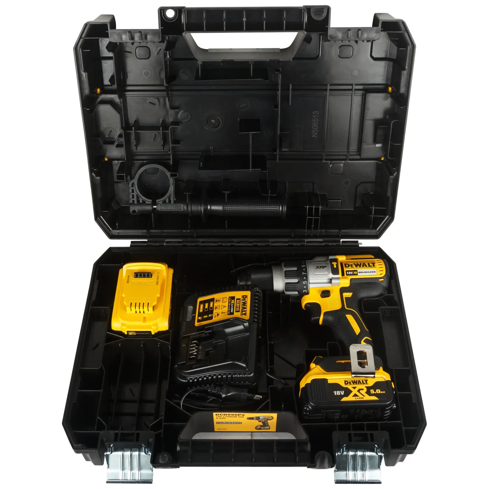 Logo DEWALT centrato su sfondo bianco.