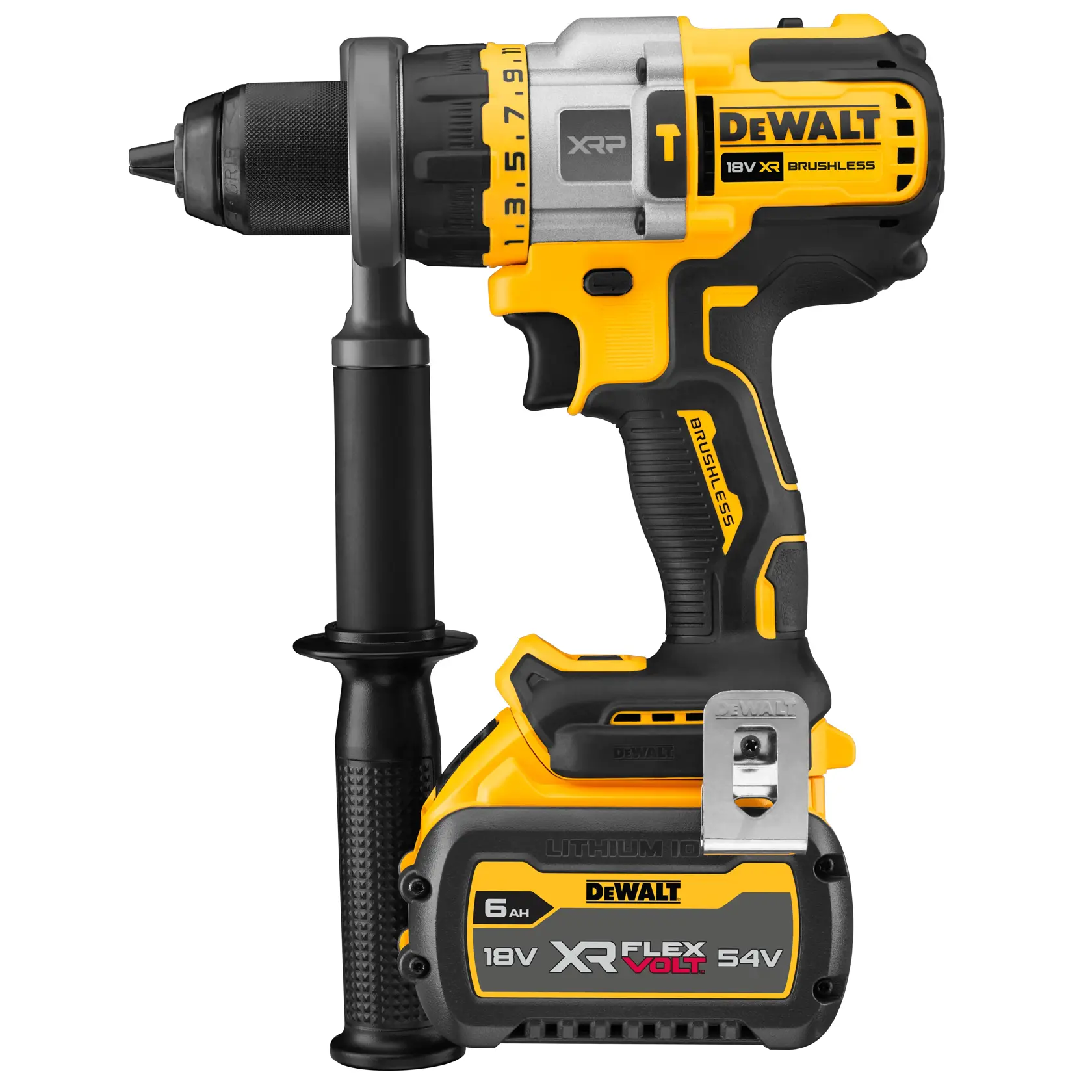 Trapano a batteria DEWALT DCD999T1 con maniglia laterale e batteria FLEXVOLT mostrato verticale.