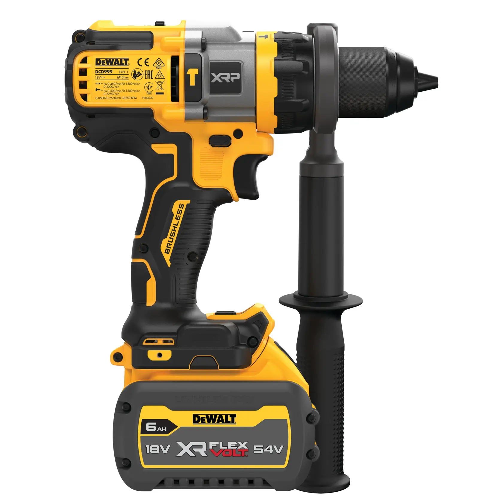 Trapano a batteria DEWALT DCD999T1, giallo-nero, batteria XR FLEXVOLT 54V, manico laterale.