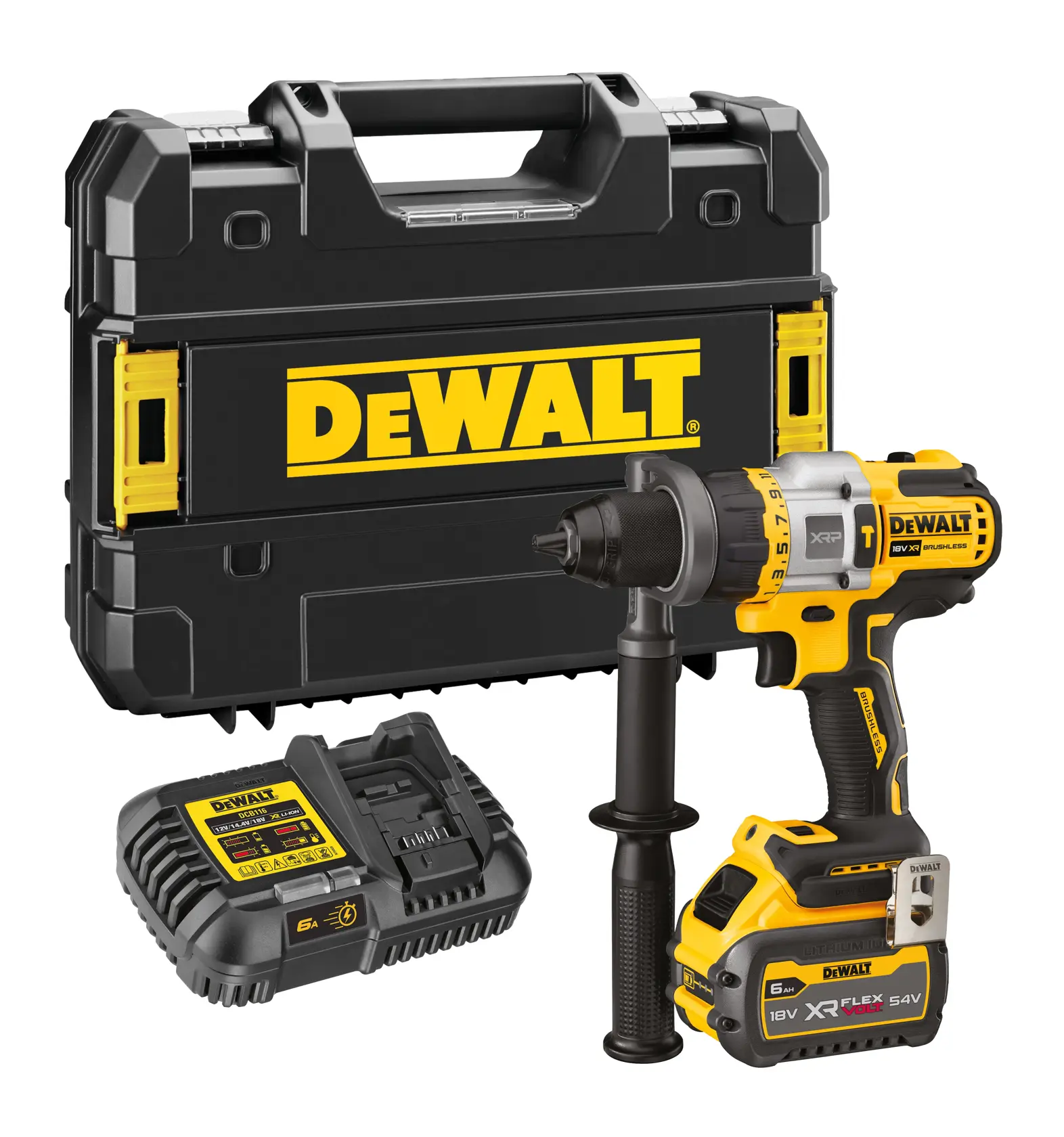Set trapano a batteria DEWALT con batteria, caricatore e valigetta su sfondo bianco.